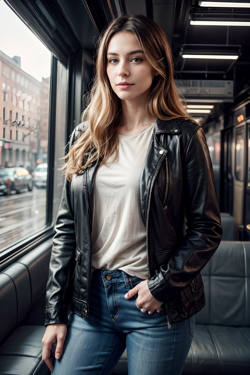 (Swedish american woman)), full body:1.6, fullbodyesbian, she's looking at us,((interior Chicago elevated train)), (she's wearing effortlessly eclectic style, shirts, black jeans, patch jackets, leather oxfords, chuck taylors ), interior subway train, realistic photo, (51% of photo is black in drawing:1.4), (she's knitting:1.6 ). colorful lamb's wool beside her, knitting details, (wearing hair in variety of styles, hair-clips) and happy, (flirty looks:0.9), (lovely open smile, joy), dimples, masterpiece, obsessively detailed , cozy relaxed, beautiful hands, kind eyes, gorgeous, incredible details, ((high contrast)), (deep, darkest shadows), (shadow details:1.0), ((taken using Leica camera, aperture: f/2.3)) , hyper-realistic skin, pores, scars, smokey eye makeup, arms relaxed , relaxed moment, she's in dark with natural light, (romantic light:1.5), radiant skin, perfectly framed face, perfect relaxed hands, perfect fingers, (perfect portrait, incredible eyes:1.1), a work of art,sexy beautiful composition, golden ratio, inspiring, (highest quality fabric texture), every detail,Fine facial features – (Highest Quality) ,Leica camera film, High quality ○○ detailed – ○○ details ultra detailed(Ultra-fine ), Photorealistic, Extremely detailed(Extremely detailed) , (highest detail image, lens flare, realistic)○○ res – ○○ resolution ultra high res(A high resolution),playful relaxed photos