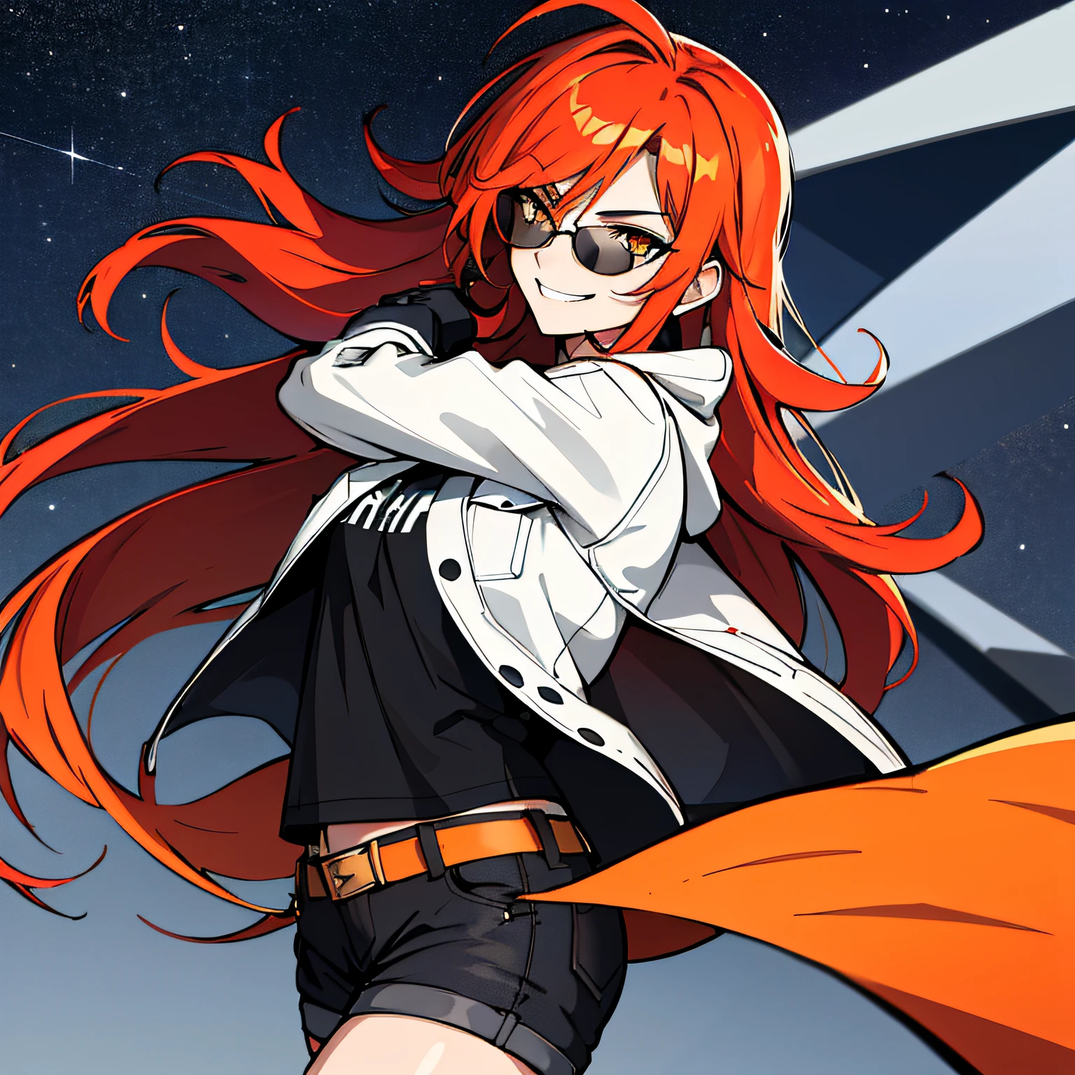 (absurdres, 8k, 4k, masterpiece, hyper extreme detailed:1.2), solo, 1girl, front view portrait, best quality, expressive eyes, perfect face, 1girl, portrait, solo, Female, mature female, adult, red hair, orange gradients, hair covering eye, medium hair, cool, confident, white shorts, wild hair, messy hair, night time, cowboy shot, half body, perfect anatomy, flowing hair, windy hair, wind, fearless, cool, badass, shirt, rugged, golden eyes, starry night sky, stars, night, smirk, badass, heroic, black graphic t-shirt, white jacket, hands in pockets, sunglasses, smirk,