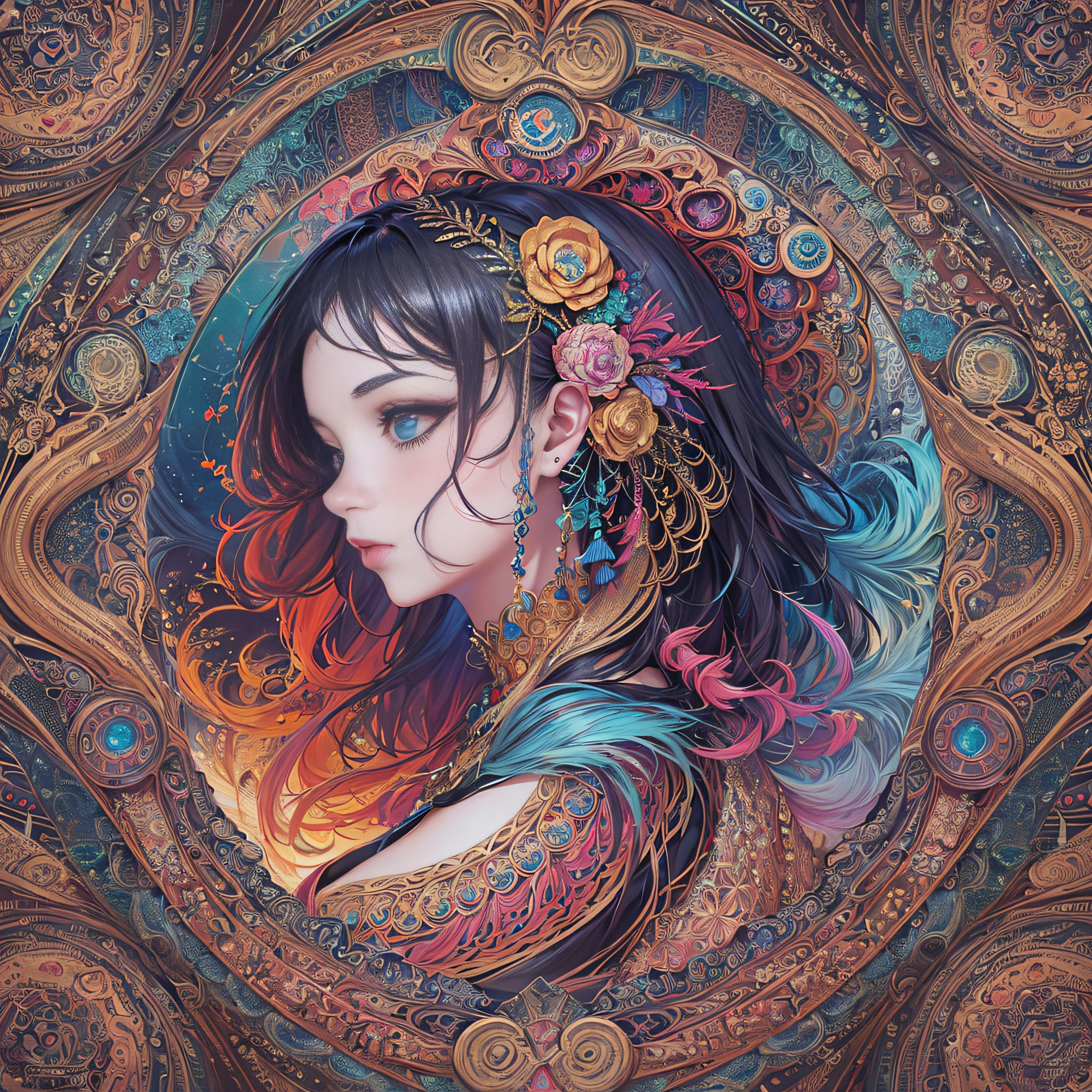 (masterpiece, top quality, best quality, official art, beautiful and aesthetic:1.2), (1girl:1.3), extremely detailed,(fractal art:1.2),colorful,highest detailed,(zentangle:1.2), (dynamic pose), (abstract background:1.5), (treditional dress:1.2), (shiny skin), (many colors:1.4), upper body