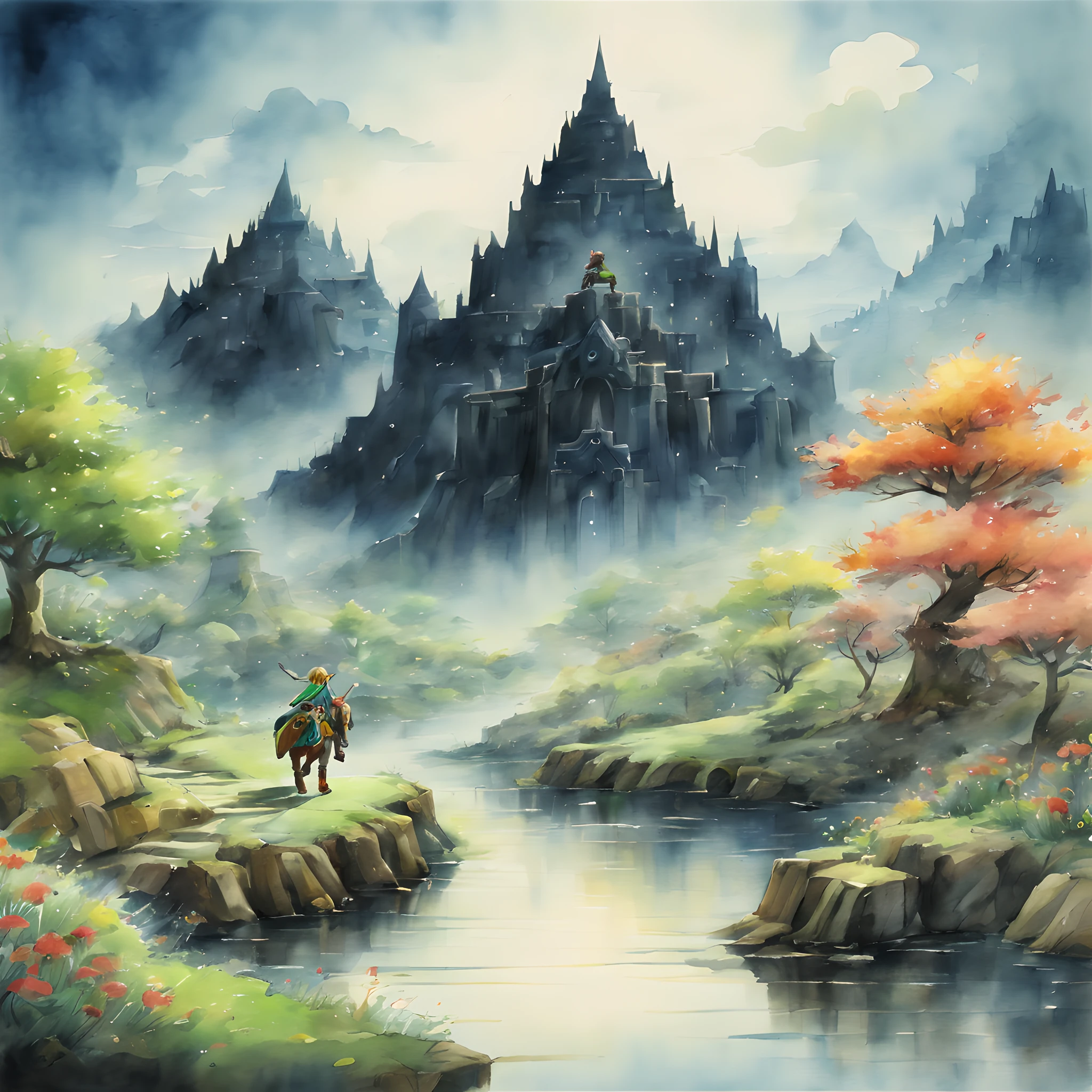 (Zelda Style Scenery:1.5), (Zelda theme:1.5), (ink and watercolor painting:1.5), (Tasteful:1.5), (ink and watercolor painting:1.5), (full color:1.5), 8k, 4k, (landscapes:1.5),