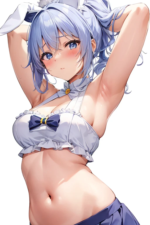 anime girl with a bunny ears and a frilled crop top, underboob, pleated skirt, pose(arms up + blush), smooth anime cg art, seductive anime girl, armpit, navel, cubby, fine details, attractive anime girl, with arms up, oppai, long hair, light blue hair, cloud in sky background, very long hair, long hair,