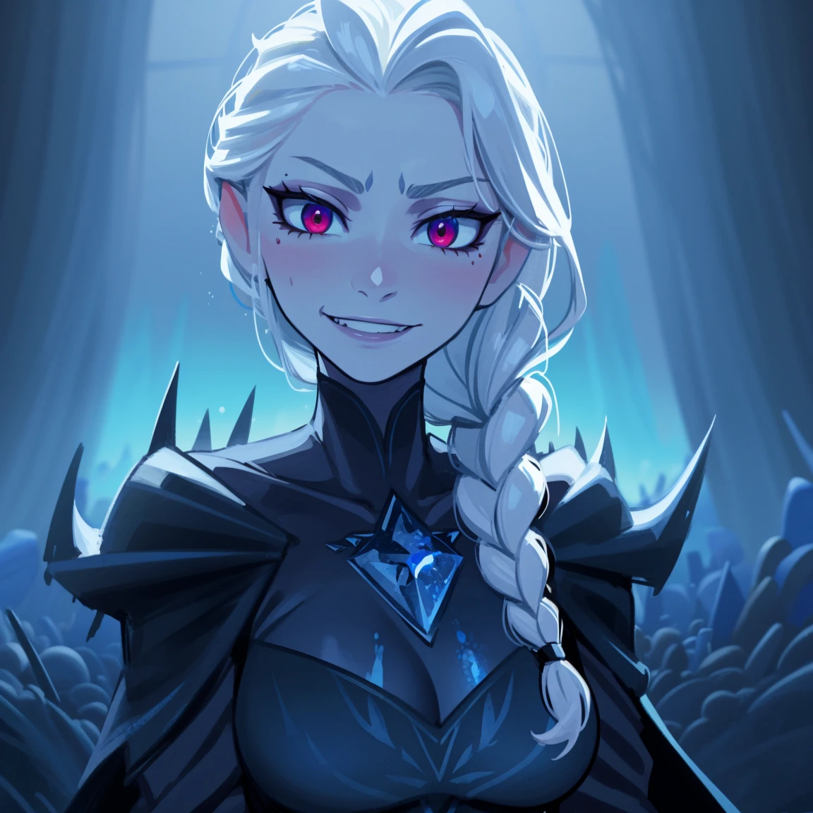 Elsa, dark blue ice clothes, dark clothes, evil queen, dark lord, evil, detailed, blood splatters on face, elsa of arendelle, blue dress, braided ponytail on shoulder, night background, smile, red eyes, gothic, blood splatters, dark blood splatters, blood on face, dark clothes, evil clothes, dark queen, dark clothes