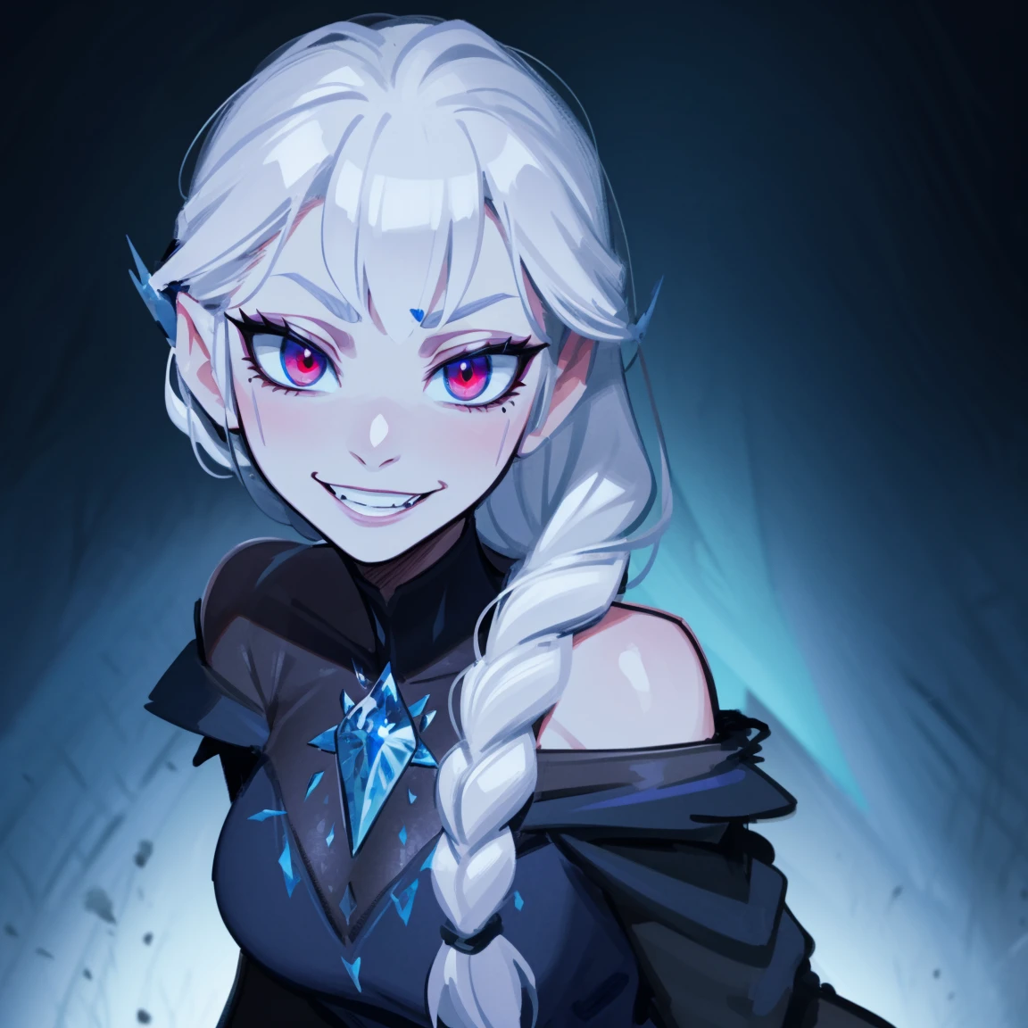 Elsa, dark blue ice clothes, dark clothes, evil queen, dark lord, evil, detailed, blood splatters on face, elsa of arendelle, blue dress, braided ponytail on shoulder, night background, smile, red eyes, gothic, blood splatters, dark blood splatters, blood on face, dark clothes, evil clothes, dark queen, dark clothes
