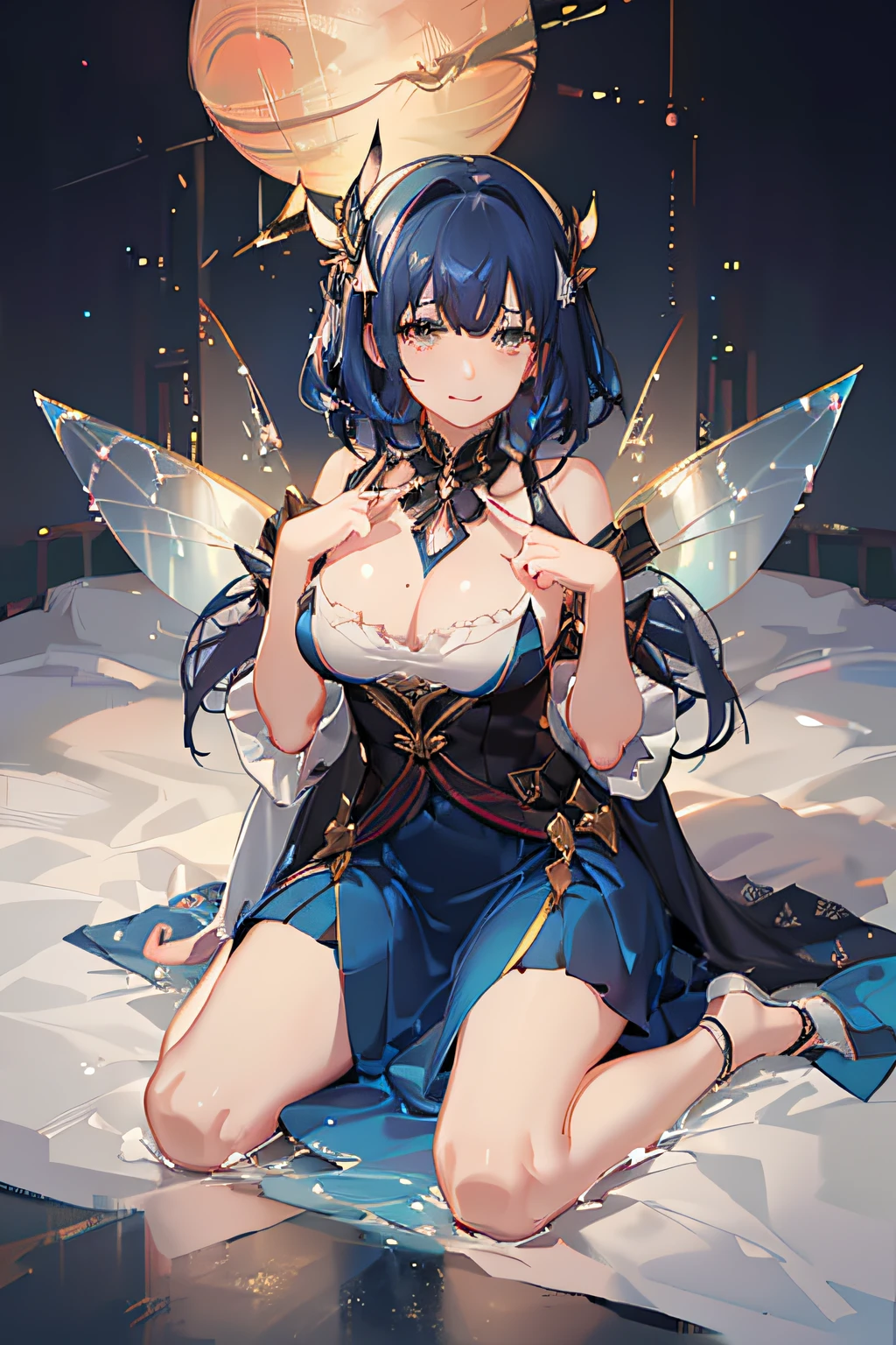 forest fae,a pixie cut,(((fairy wings:1.3))),(((The light of the orb envelops the fairy:1.3))),Deep in the forest,Sunlight,(((an animated character:1.3))),Anime-like fantasy world,(((Girl sitting:1.3))),(((reaching out her hand:1.3)),,Floral hair ornament,,Disturbance of clothing due to movement,breast slip,(((emphasizing breasts:1.3))),(((Enhance your driving motion with motion blur effects:1.3))),(Dynamic angles),(Dynamic and sexy poses),(bending forward:1.3),Colossal tits,Blush with embarrassment,Enraptured eyes,A smile that beguiles the viewer,Dreamy,Professional Lighting,realistic shadow,Solo Focus,Beautiful hands,(((Accurate five-finger:1.3))),(((Detailed finger features:1.3))),detailed clothes features,Detailed hair features,(masutepiece,top-quality,Ultra-high resolution output image,) ,(The 8k quality,),(Image Mode Ultra HD,)