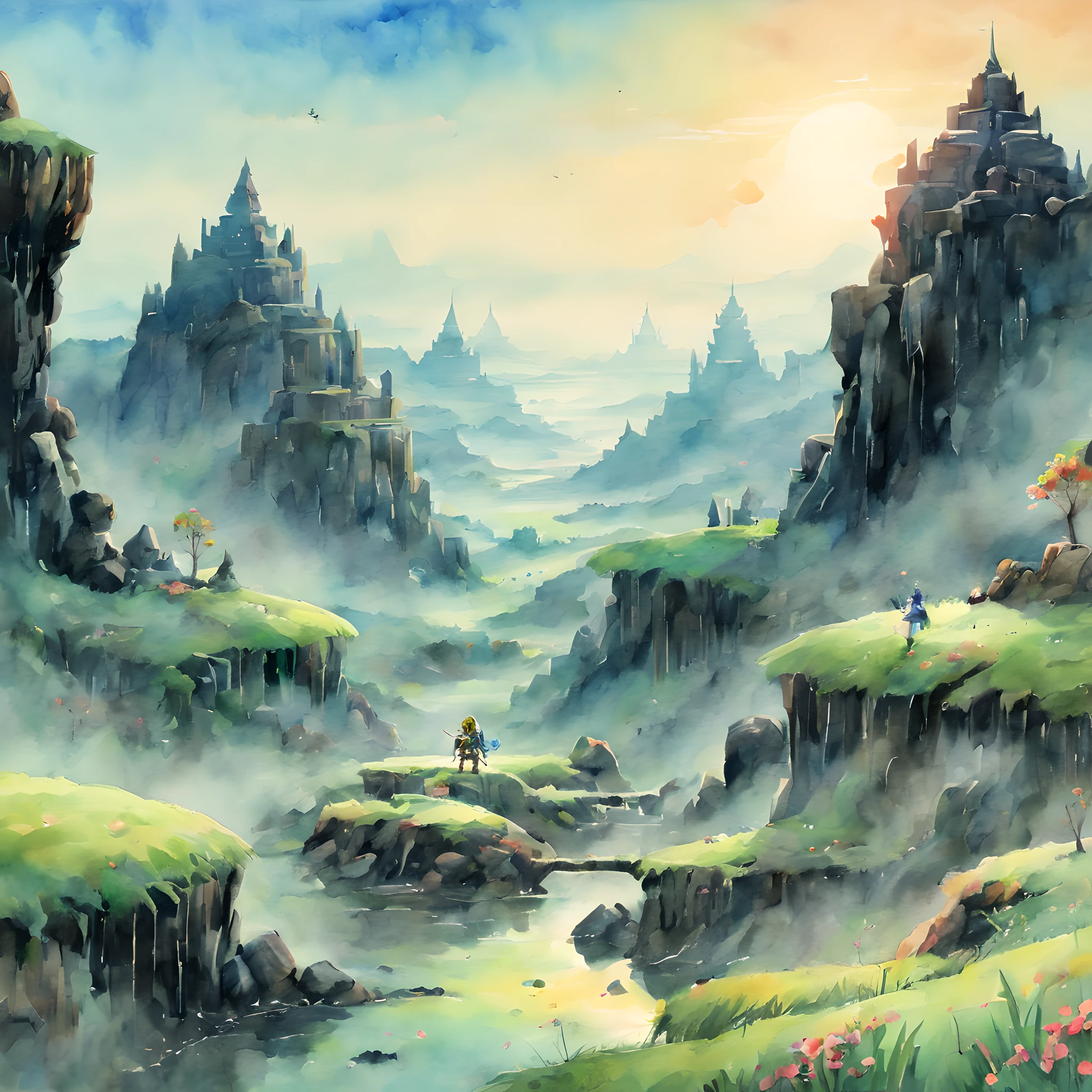 (Zelda Style Scenery:1.5), (Zelda theme:1.5), (ink and watercolor painting:1.5), (Tasteful:1.5), (ink and watercolor painting:1.5), (full color:1.5), 8k, 4k, (landscapes:1.5),