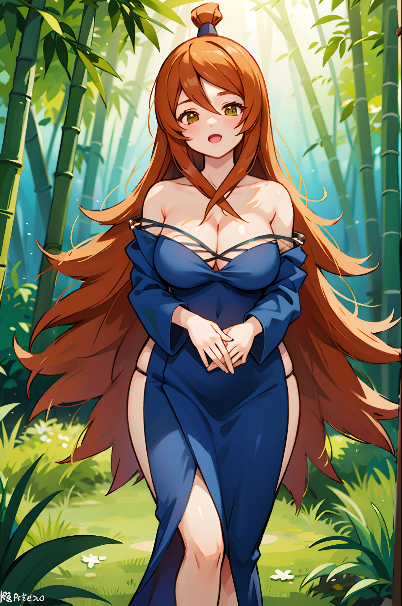 nar_Terumi_Mei,Large breasts,Off-the-shoulder attire,cleavage,bamboo forrest