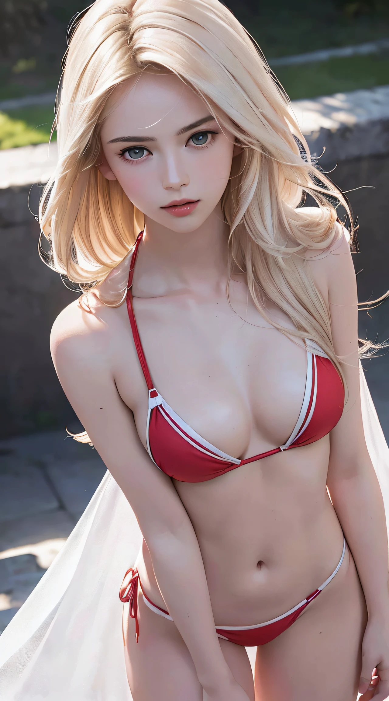 (8K, RAW Photos, of the highest quality, Masterpieces: 1.2), (Realistic, Photorealistic: 1.37), Highest Quality, Ultra High Resolution, light  leaks, Dynamic lighting, Slim and smooth skin, (Full body:1.3), (Soft Saturation: 1.6), (Fair skin: 1.2), (Glossy skin: 1.1), Oiled skin, 22 years old, Night, shiny white blonde, Well-formed, Hair fluttering in the wind, (Close-up shot of face only:1.2), Physically Based Rendering, From multiple angles, all-fours, Chest is sheer, (Smaller chest:1.2), cleavage of the breast, Lower breast, (Transparent costume:1.3), Not wearing a cloak, Beautiful eyes,Break HA,(8K, RAW Photos, of the highest quality, Masterpieces: 1.2), (Realistic, Photorealistic: 1.37), Highest Quality, Ultra High Resolution, focused eyes, light  leaks, Dynamic lighting, Slim and smooth skin, (Full body:1.3), (Soft Saturation: 1.6), (Fair skin: 1.2), (Glossy skin: 1.1), (Oiled skin:1.2), 18 years old, Night, plein air, Strong morning light from the front, BREAK, shiny white blonde, Well-formed, Hair fluttering in the wind, (Close-up shot of face only:1.2), Physically Based Rendering, From multiple angles, (Cute:1.2), Beautiful hair blown in the wind, all-fours, Chest is sheer, Well equipped, Sheer, Transparent, Glittering Gemstones, beautiful body shape, It features a simple, BREAK, Hair volume decreases towards the ends of the hair, Beautiful skin without blemishes, (Thin shiny red little bikini:1.2), Sparkly lips, The air is clear, shiny white blonde hair, Light is coming in from various directions, Hair through intense light, (Erotic:1.3), (Bare chest:1.2), (Small breasts:1.2), Under the breasts, narrowwaist, narrow shoulders, gazing at viewer, Big smile, spring, Bathing, Very small cloth, thighs thighs thighs thighs, I put my hands slightly above my cleavage in embarrassment and embarrassment,Her body is hot and red,　Yawn with mouth wide open,