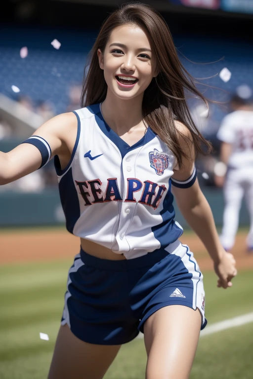 (Best Quality, 8K, 32K, masutepiece, nffsw:1.2), (1 slender woman of Japan, 28 years old, Tall gravure model), dark brown hair, Bright foreground, Professional Lighting, Photon mapping, Radio City, shading:1.3, (high-detail skin:1.2), Huge breasts:1.5, (Shorts, exposed shoulder:1.1), squatting with legs open, ((Provocative Dynamic Poses)), (she is soaking wet), top-down view:1.5, (baseball uniform:1.1, ), hyperdetailed face, Detailed lips, Detailed eyes, Double eyelids, Inside the stadium, Looking Camera, (Sensual gaze on the photographer, lips slightly open) crystal clear skies, Baseball Stadium, The audience gets excited, Confetti flies, Happy smile,