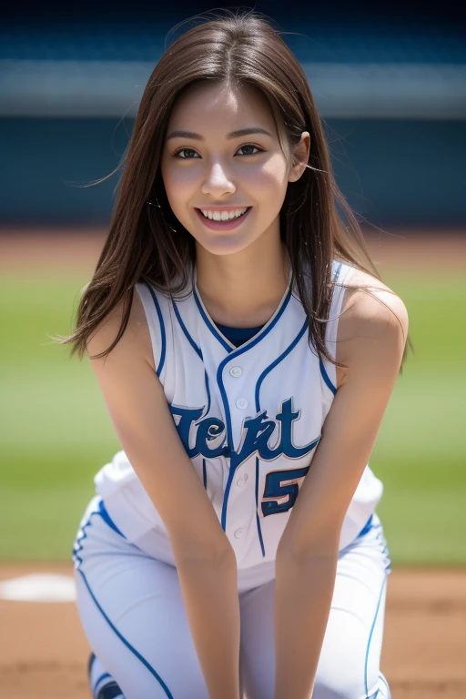 (Best Quality, 8K, 32K, masutepiece, nffsw:1.2), (1 slender woman of Japan, 28 years old, Tall gravure model), dark brown hair, Bright foreground, Professional Lighting, Photon mapping, Radio City, shading:1.3, (high-detail skin:1.2), Huge breasts:1.5, (Shorts, exposed shoulder:1.1), squatting with legs open, ((Provocative Dynamic Poses)), (she is soaking wet), top-down view:1.5, (baseball uniform:1.1, ), hyperdetailed face, Detailed lips, Detailed eyes, Double eyelids, Inside the stadium, Looking Camera, (Sensual gaze on the photographer, lips slightly open) crystal clear skies, Baseball Stadium, The audience gets excited, Confetti flies, Happy smile,