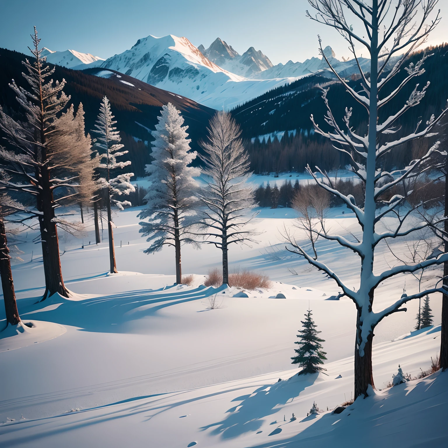 A snowy landscape whose dead and mourning trees emerge from the pristine earth