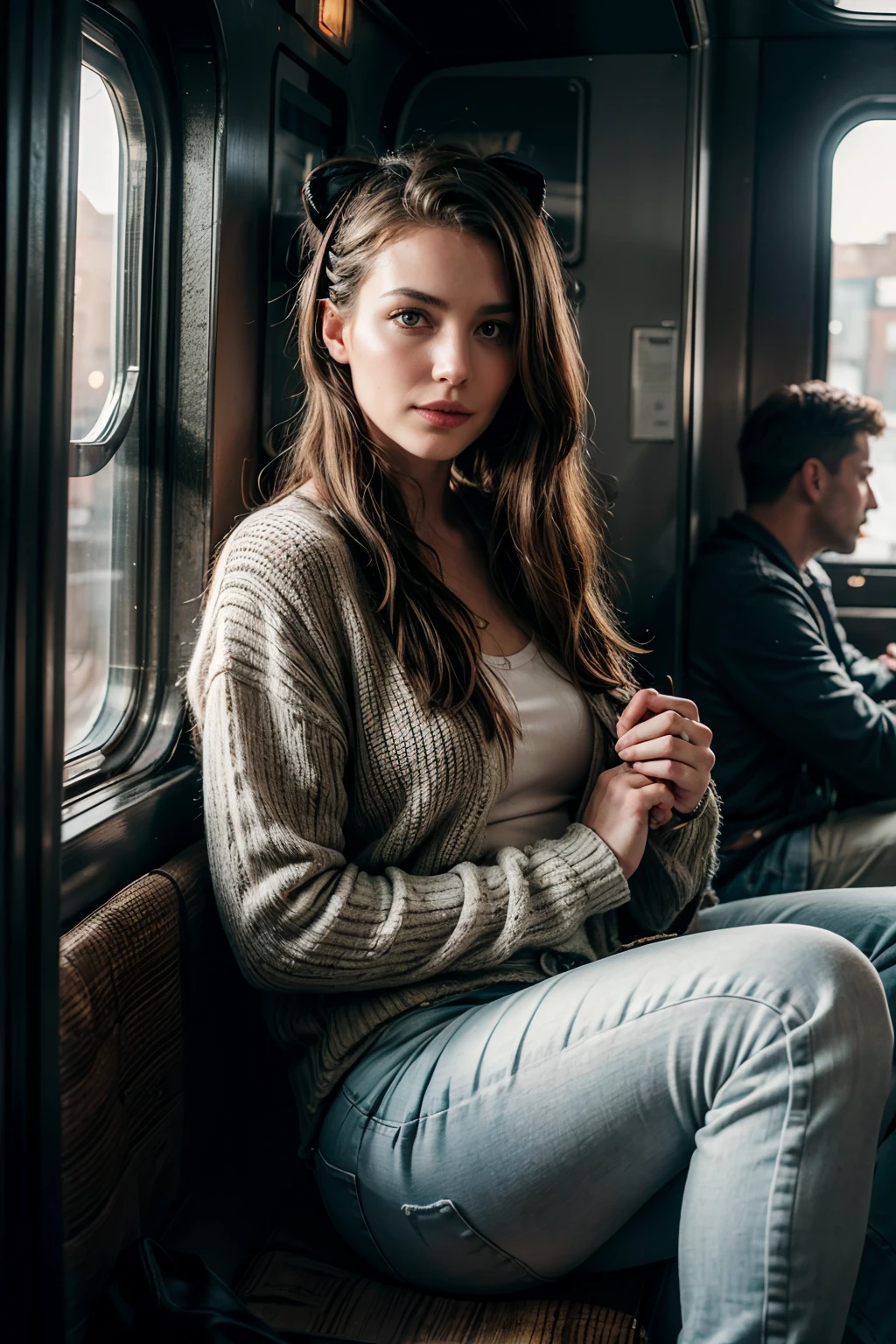 (Swedish american woman)), full body:1.6, fullbodyesbian, she's looking at us,((interior Chicago elevated train)), (she's wearing effortlessly eclectic style, shirts, black jeans, patch jackets, leather oxfords, chuck taylors ), interior subway train, realistic photo, (61% of photo is black in drawing:1.4), (she's knitting:1.6 ). colorful lamb's wool beside her, knitting details, (wearing hair in variety of styles, hair-clips) and happy, (flirty looks:0.9), (lovely open smile, joy), dimples, masterpiece, obsessively detailed , cozy relaxed, beautiful hands, kind eyes, gorgeous, incredible details, ((high contrast)), (deep, darkest shadows), (shadow details:1.0), ((taken using Leica camera, aperture: f/2.3)) , hyper-realistic skin, pores, scars, smokey eye makeup, arms relaxed , relaxed moment, she's in dark with natural light, (romantic light:1.5), radiant skin, perfectly framed face, perfect relaxed hands, perfect fingers, (perfect portrait, incredible eyes:1.1), a work of art,sexy beautiful composition, golden ratio, inspiring, (highest quality fabric texture), every detail,Fine facial features – (Highest Quality) ,Leica camera film, High quality ○○ detailed – ○○ details ultra detailed(Ultra-fine ), Photorealistic, Extremely detailed(Extremely detailed) , (highest detail image, lens flare, realistic)○○ res – ○○ resolution ultra high res(A high resolution),playful relaxed photos