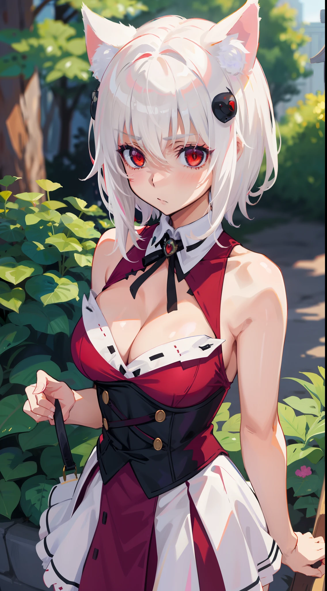 Best Quality, (Masterpiece:1.2), High Detailed, Cat Ears, 1girl, solo, tojo koneko, red eyes, white hair, short hair, hair decoration, cleavage, erotica, sleeveless, close-up, healthy skin, cowboy shot, outdoor, ((elegant clothes, goddess)).