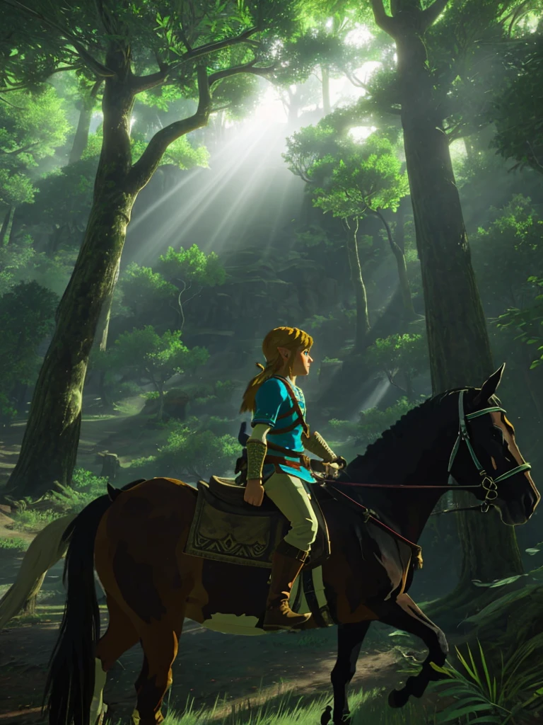 A femenine version of link from tloz riding epona, riding a horse, (epic scene, cinematic:1.2), sunbeams, in a dark woods, lost woods, forest temple, botw style