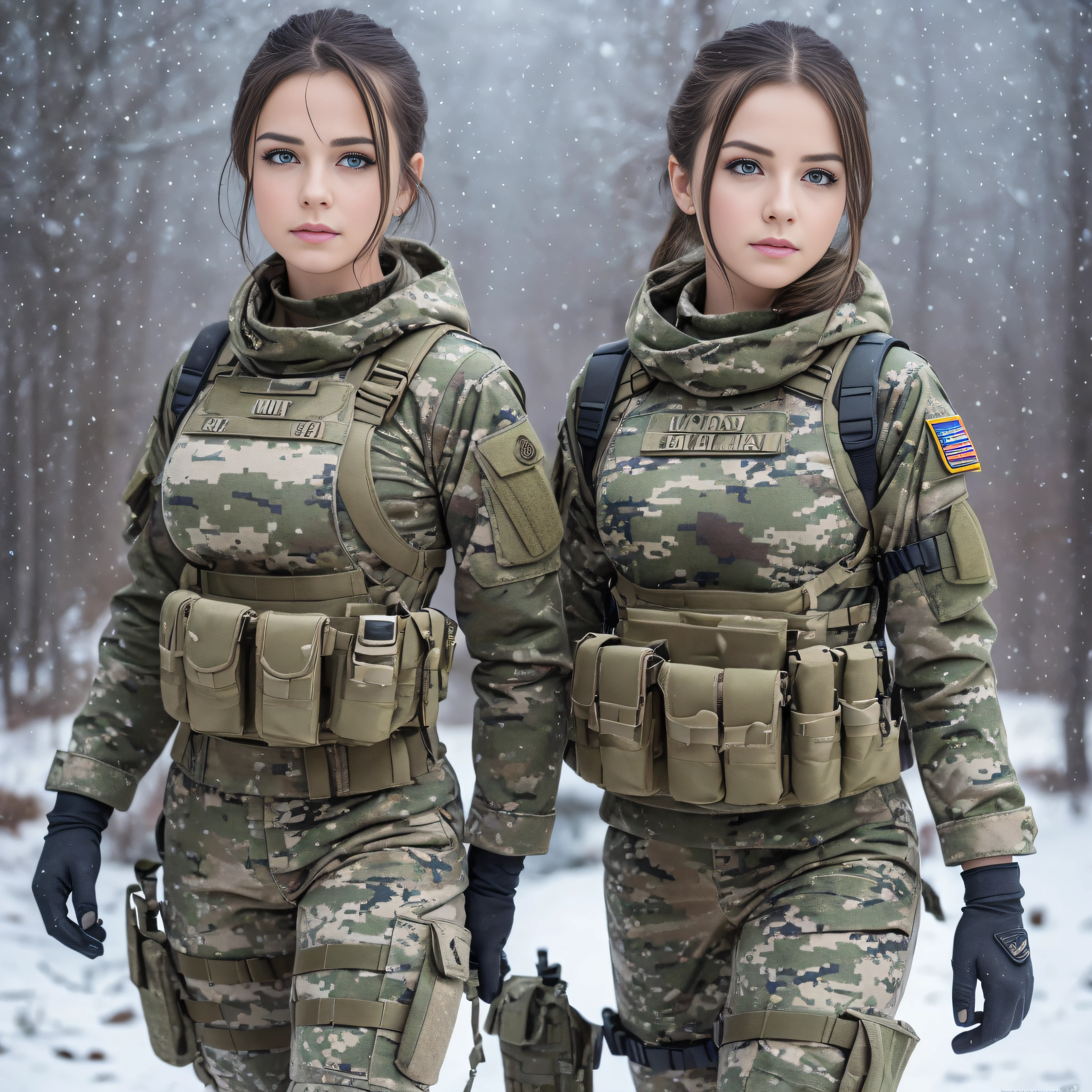 (Photorealistic), Beautiful lighting, Best Quality, Realistic, Full body portrait, real picture, Intricate details, depth of fields, 2girs and both are desperate to pee, and start to pee hand between their legs In a cold blizzard, Very muscular soldier girls with a haircut, Fatigue of the army wearing winter camouflage, Camouflage Plate Carrier Rig, Combat gloves, (Magazine Pouch), (Kneepads), highly detailed, Perfect face, Blue eyes, Lips, wide hips, Small waist, tall, make up, Tactic, FUJI XT3, Outdoors, bright day, Beautiful lighting, Raw photo, 8K UHD, Film grain, ((Bokeh))