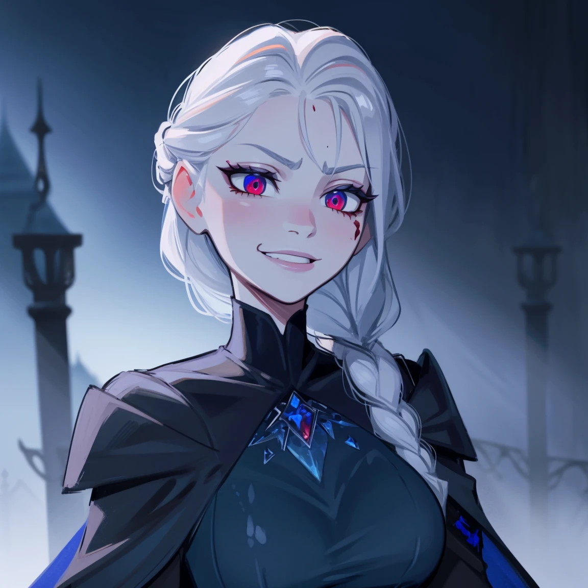 Elsa, dark blue ice clothes, dark clothes, evil queen, dark lord, evil, detailed, blood splatters on face, elsa of arendelle, blue dress, braided ponytail on shoulder, night background, smile, red eyes, gothic, blood splatters, dark blood splatters, blood on face, dark clothes, evil clothes, dark queen, dark clothes, blood splatters on face, stains of blood on face