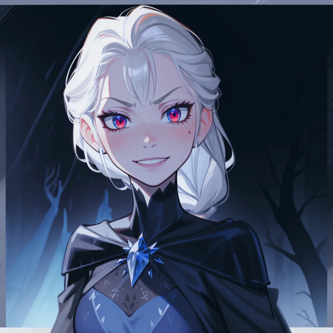Elsa, dark blue ice clothes, dark clothes, evil queen, dark lord, evil, detailed, blood splatters on face, elsa of arendelle, blue dress, braided ponytail on shoulder, night background, smile, red eyes, gothic, blood splatters, dark blood splatters, blood on face, dark clothes, evil clothes, dark queen, dark clothes, blood splatters on face, stains of blood on face