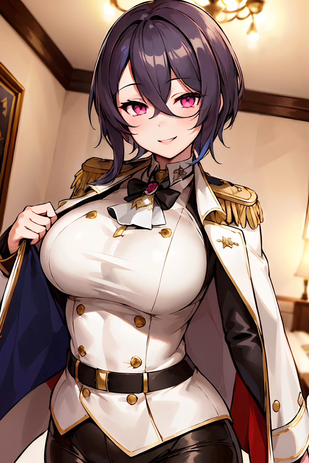 masterclass, best quality, ultra-detailed, illustration, 1girl, smile, white coat, medium breasts, indoors, military uniform, pink eyes, jewel-like eyes, extremely detailed eyes, extremely detailed face, black pants, epaulettes, dark blue hair, from front