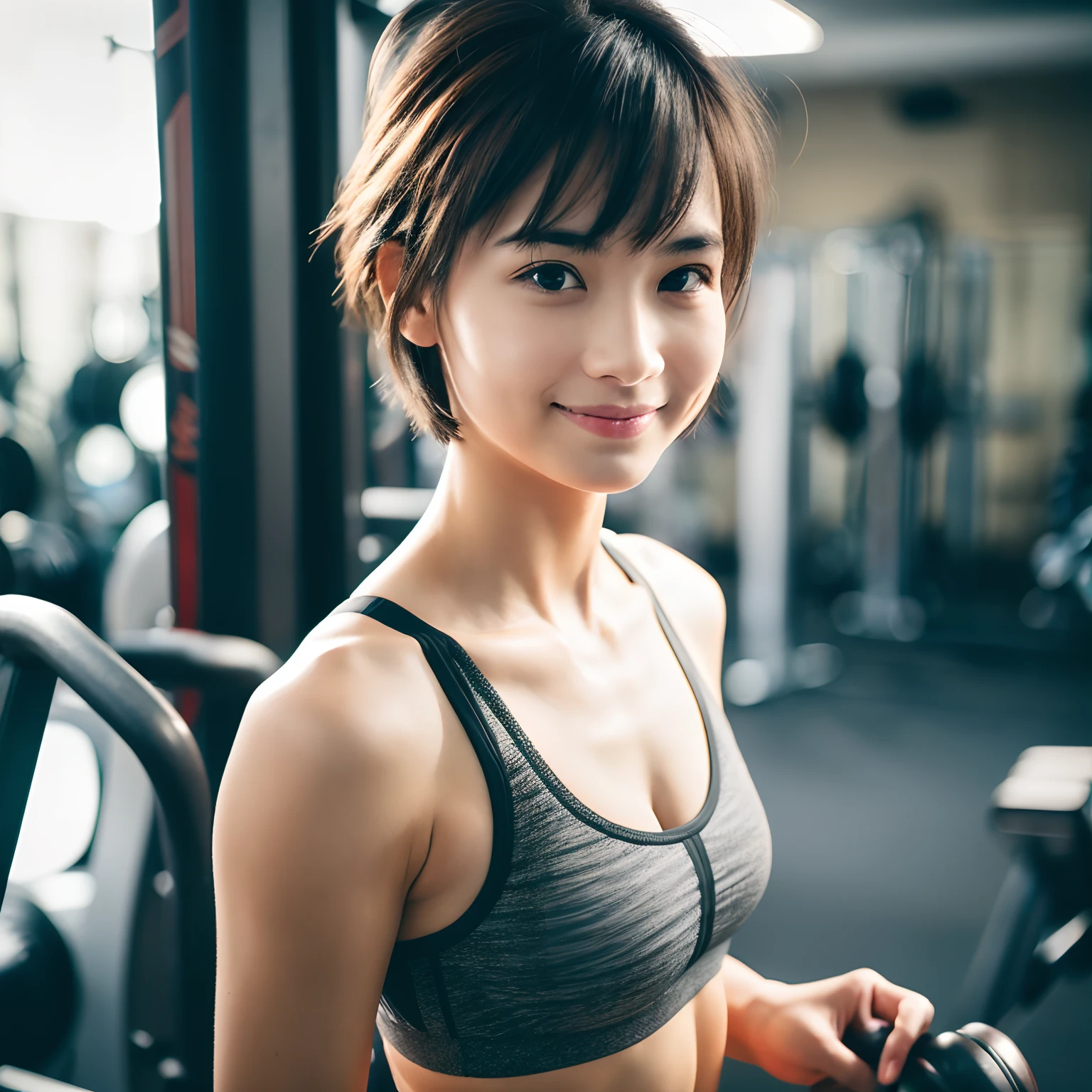 The highest image quality, High quality, 8K, (photographrealistic:1.4), (((Beauty 1 person))), Beautiful expression, Eyes and faces with detailed, (Woman exercising in gym), Smiling, (Beautiful lighting:1.3)), Super Detail, high detailing, High quality, High resolution, large udder, (((Very short hair))), (((Beautuful Women))), Wearing leggings, (((Sports Bra))), (((Photo from head to thigh))), (((Standing Pose))), Depth of field f/1.8, Sharp Focus, Textured skin, Raw photography, realisitic, Photorealsitic,