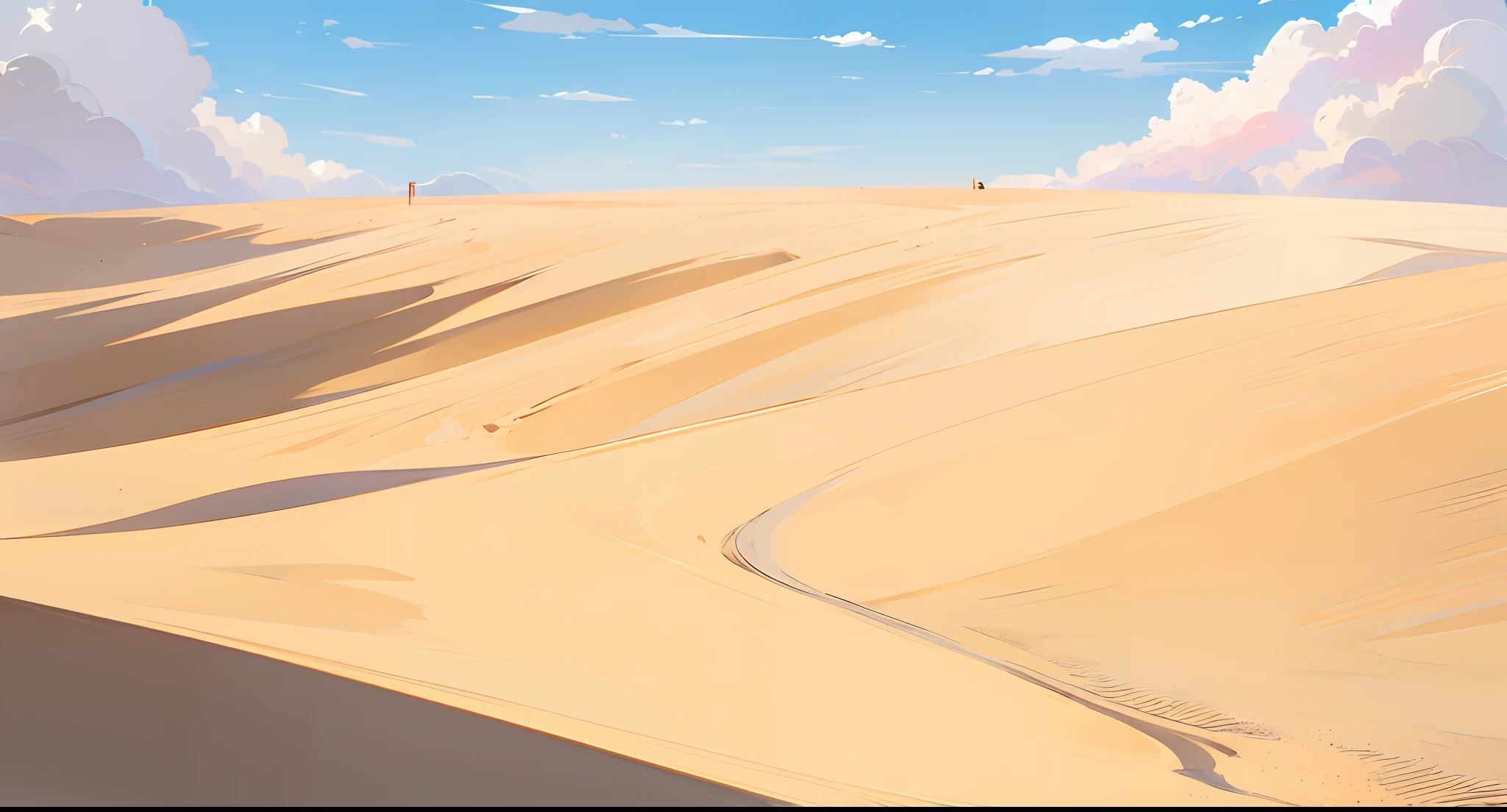 (anime style background, anime background illustration:1.3), (high quality, high resolution), (empty, flat:1.3), flat empty sand ground, blue sky with white clouds, desert landscape,