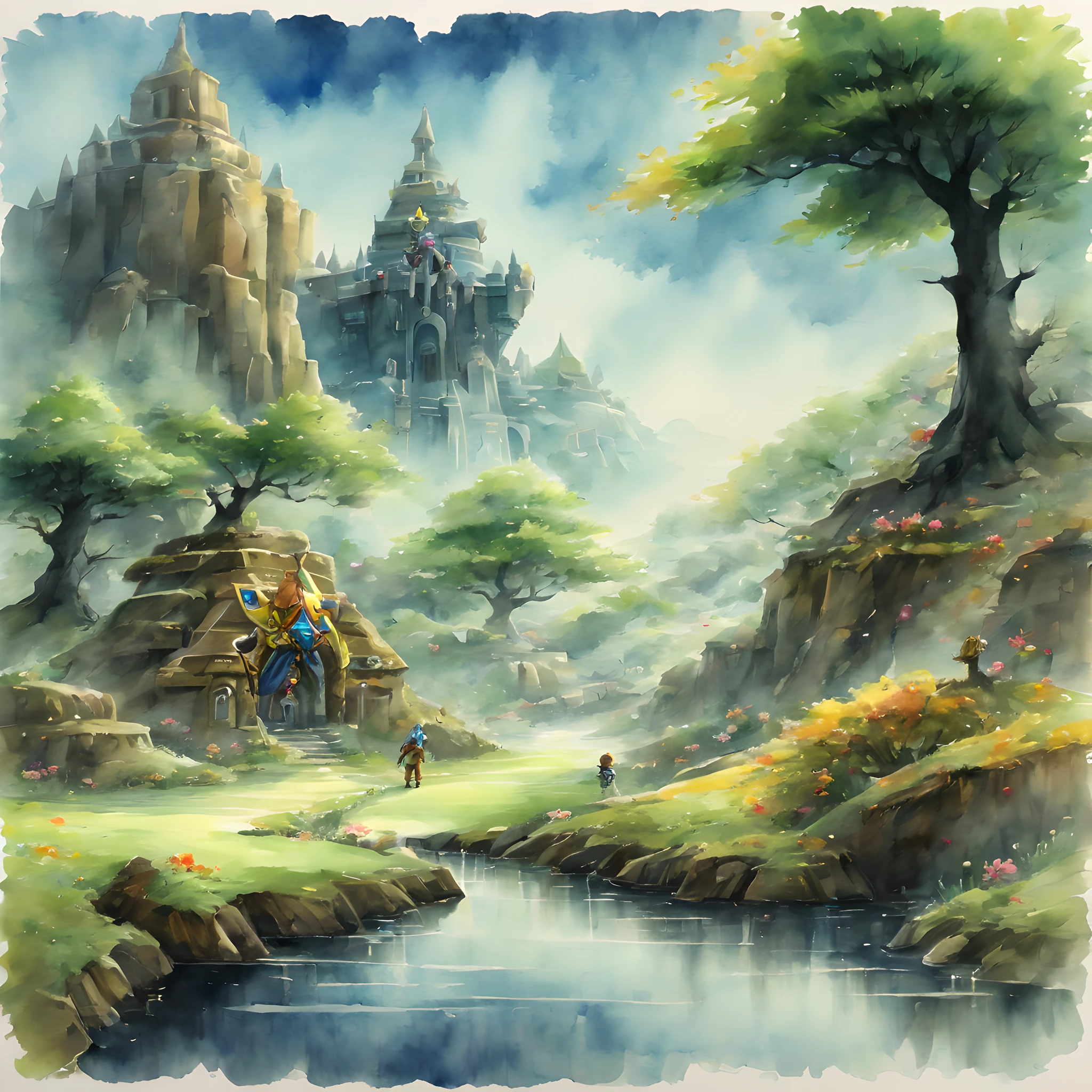 (Zelda Style Scenery:1.5), (Zelda theme:1.5), (ink and watercolor painting:1.5), (Tasteful:1.5), (ink and watercolor painting:1.5), (full color:1.5), 8k, 4k, (landscapes:1.5),