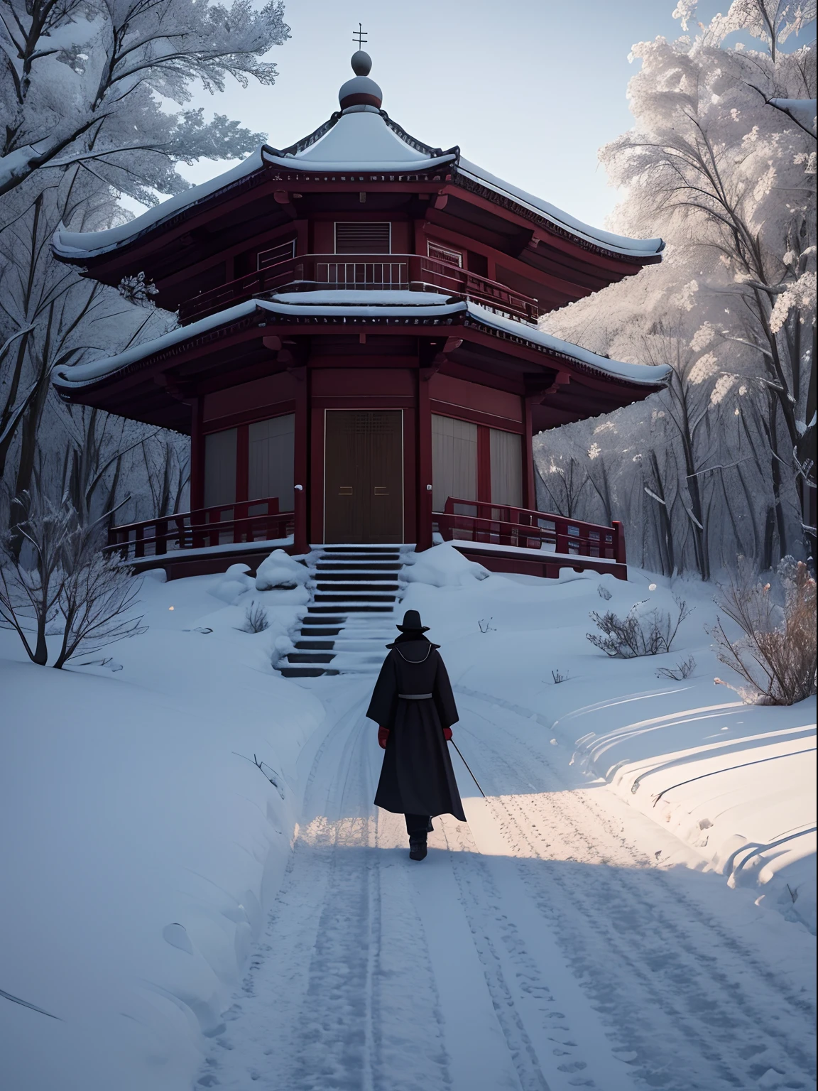 red tint，Chinese movie poster，A huge moon illuminates the entire village，The village is full of snowflakes，The white fox stood and watched the moon，In the lower right corner, There is a house，There are a few faces peeking at the house