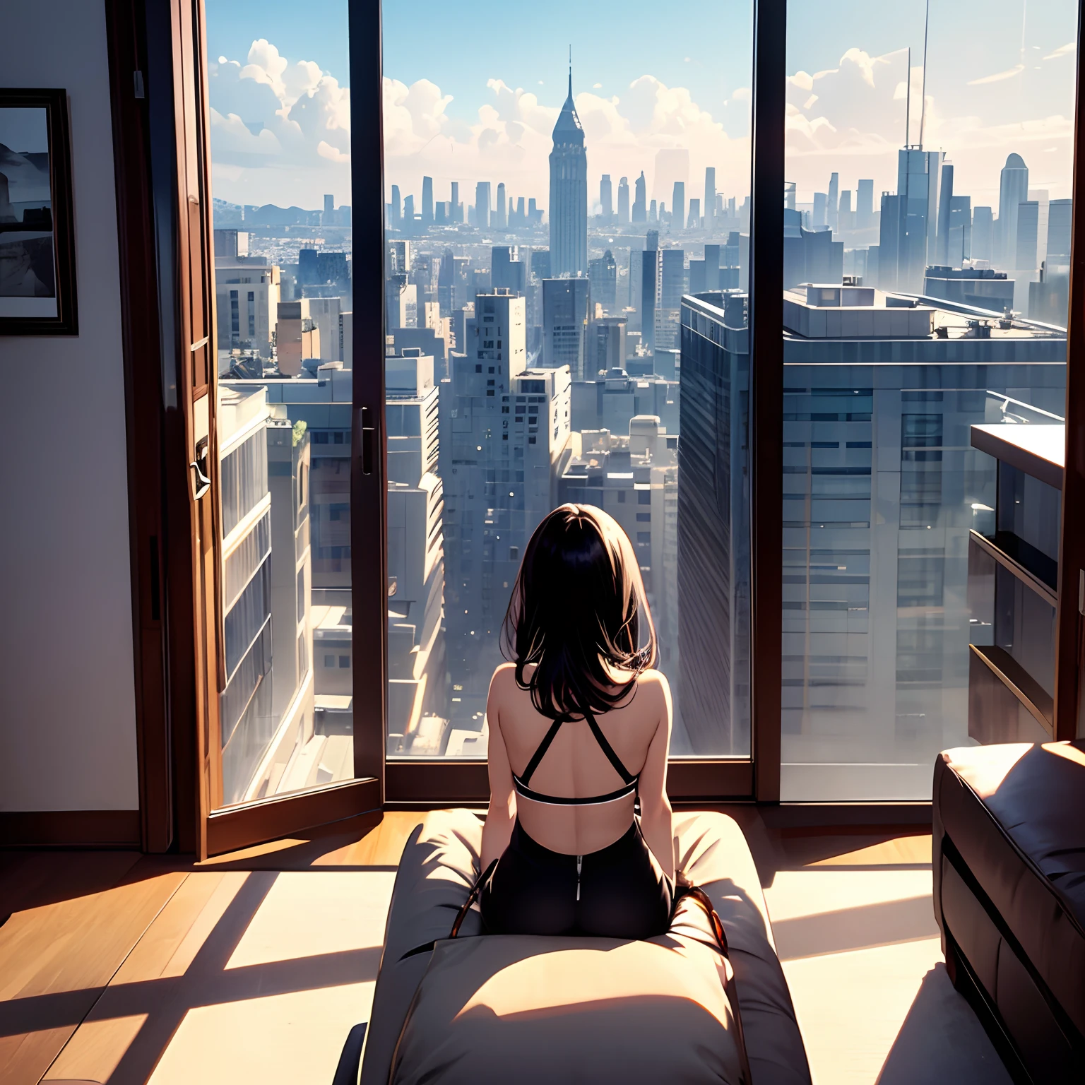 Araffe is sitting on the couch and looking out the window at the city, a picture by Louis Hersent, tumblr, arabesque, great view, seen from behind, looking from behind, seen from behind, backside shot, gorgeous view, epic view, At the back, Stunning view, view from the back, nice view, seen from behind, seen from behind