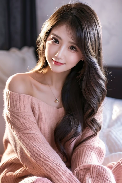 (Women with long hair)、(off-the-shoulder sweater、Oversized sweater)、(shortpants)、(cross-legs sitting、Hands lying on thighs)、on the beds、Medium chest、Deep Valley、top-quality、​masterpiece、illustratio、extremely delicate and beautiful、highlydetailed skin、nffsw、Unity、8k wallpaper、astonishing、finely detail、Highly detailed ticker Unity 8K wallpapers、huge filesize、hight resolution、 Stunning detailed eyes、Facial light、(The best illustrations:1.1)、(Best Shadows:1.1)、超A high resolution、(Photorealsitic:1.1)、(Photorealistic 1.2:1.1)、Realistic facial proportions、Slimed、A smile、(fluffy black eyes:1.21)、Black eyes、Look at viewers、A pink-haired、耳环、a necklace、hair pin、FULL BODYSHOT、(Dark night background: 1.2)、(bokeh dof:1.4)、