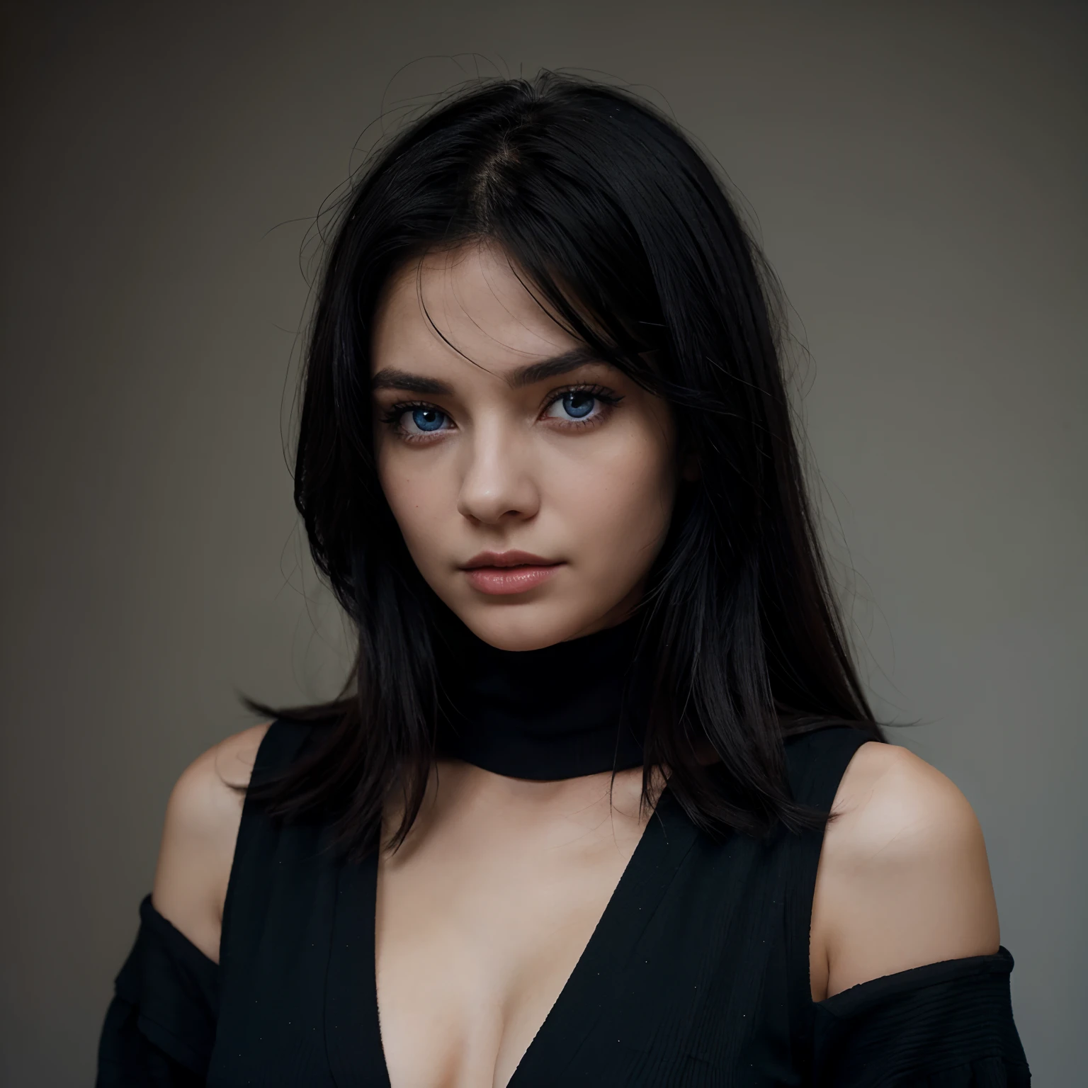 Black hair girl with blue eyes, cold look, in black dress