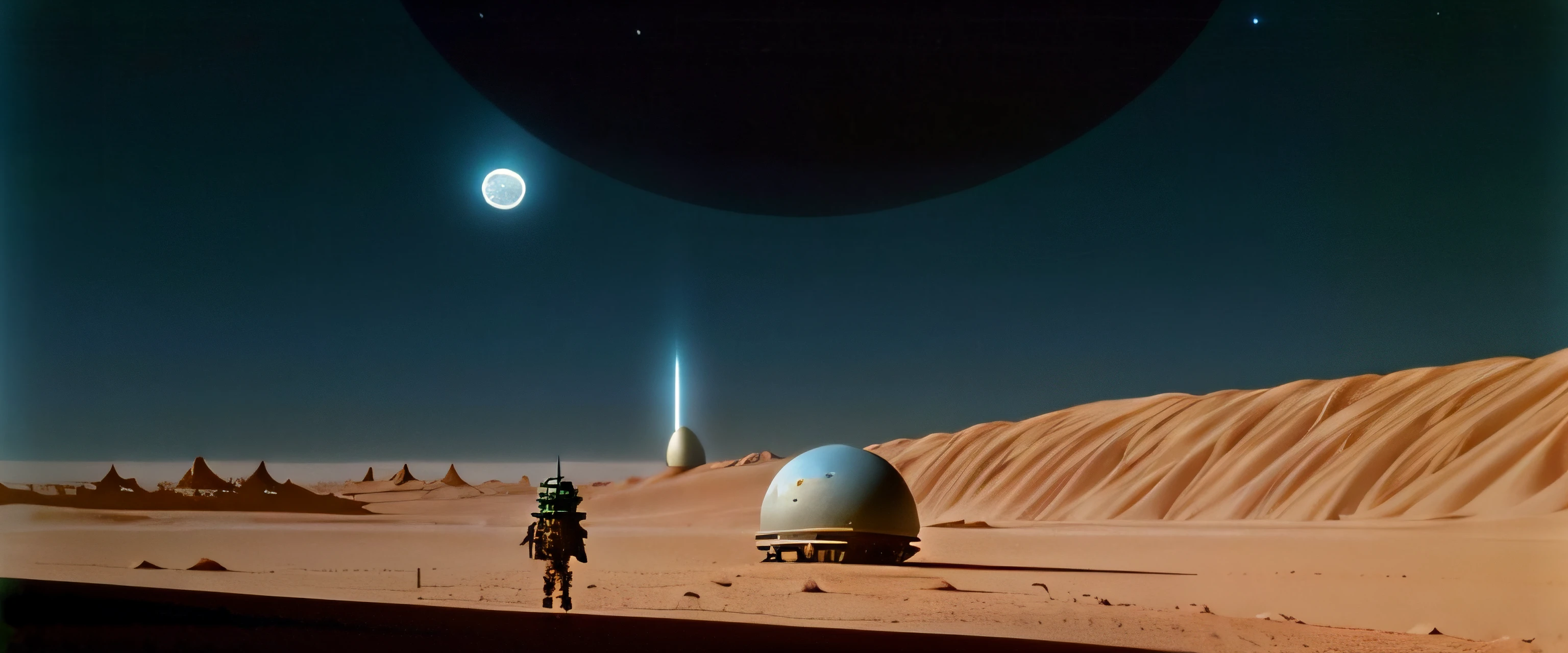 Un primer plano de un desierto con una luna en la distancia, Barsoom, Vereshchagin, Planeta Arrakis, an alien landscape, Filmed Sci-Fi Movie, an alien landscape view, Through an alien landscape, Bonestell, Jodorowky's Dune movie, scifi landscape, alien landscape, depicted as a scifi scene