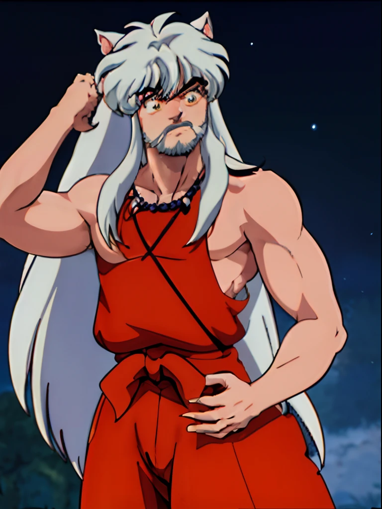 unparalleled masterpiece, 8k, RAW photo,best quality, (masterpiece:1.2),(anime style), raytracing, ultra high res, detailed eyes, eyes, anime inuyasha from inuyasha, handsome boy, inuyasha, muscle,  abs, shirtless, tattoos, anime boy, White beard long hair,