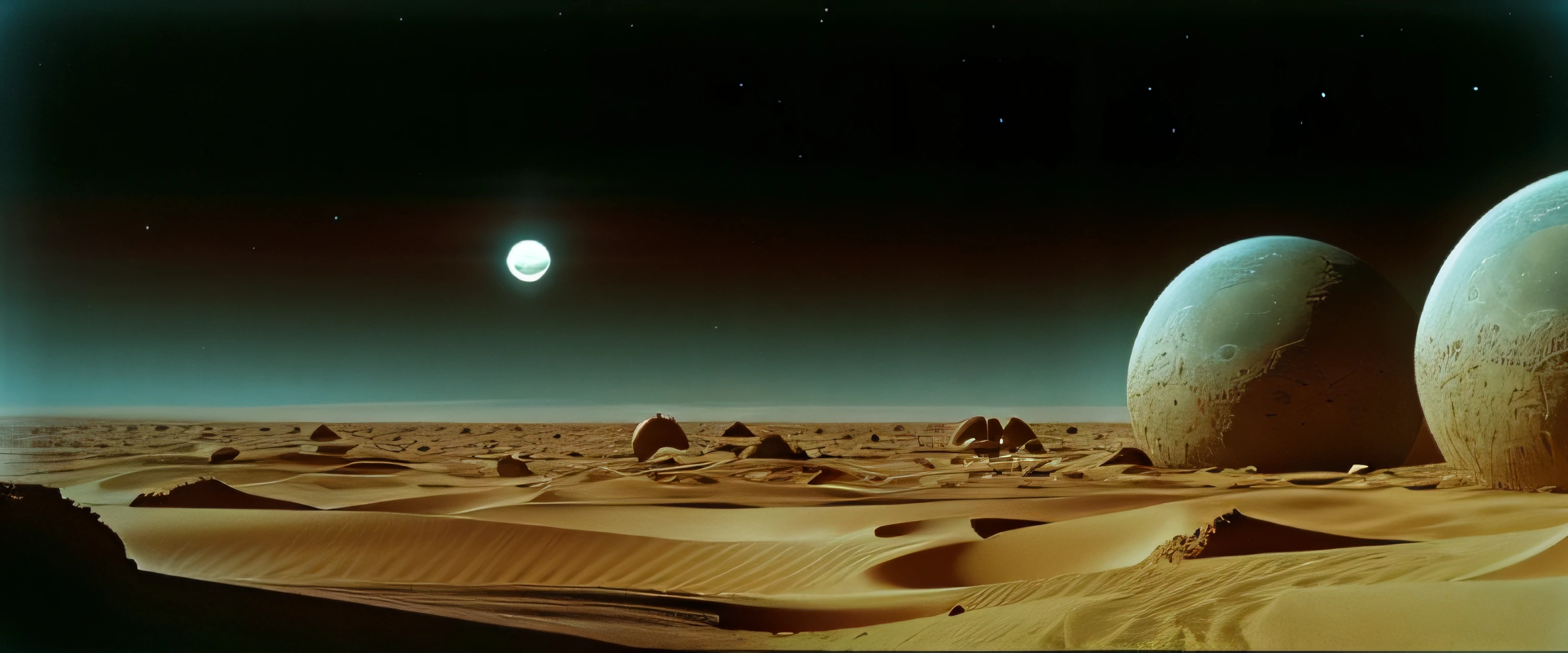 Un primer plano de un desierto con una luna en la distancia, Barsoom, Vereshchagin, Planeta Arrakis, an alien landscape, Filmed Sci-Fi Movie, an alien landscape view, Through an alien landscape, Bonestell, Jodorowky's Dune movie, alien landscape, scifi landscape, an epic scifi movie still, el planeta prohibido