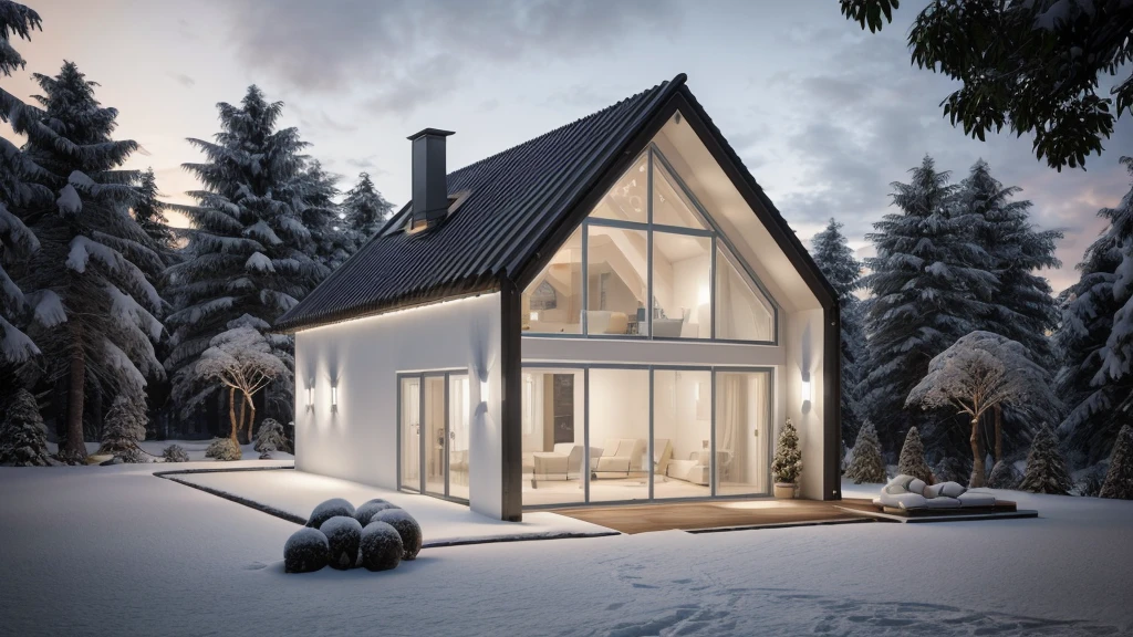 RAW photo,Masterpiece, high quality, best quality, authentic, super detail, 
exterior, outdoors, glass door, glass windown, blue sky,indoor, sofa, tivi, hyperrealistic, orante, super detailed, intricate, dramatic, sunset lighting, shadows, high dynamic range, stone, homestay,
bieshu,a two story white house with windows and balconies, scenery,trees,garden,black Hip roof,black roof and evaes ,white Villa facade design, unreal engine 5 highly rendered, photorealism, a digital rendering, architecture, building,masterpiece,best quality,super detailed,realistic,photorealistic, 8k, sharp focus,cloud, LAOWANG, a rendering of a snow covered forest with a walkway and a building, houses in the shape of mushrooms, by Zha Shibiao, futuristic architecture concept, architectural render, architectural visualization, surreal sci fi architecture, architectural rendering, architecture render, realistic architecture, futuristic utopian architecture, breathtaking render, futuristic architectural art, architecture visualization, architecture visualisation, house in forest