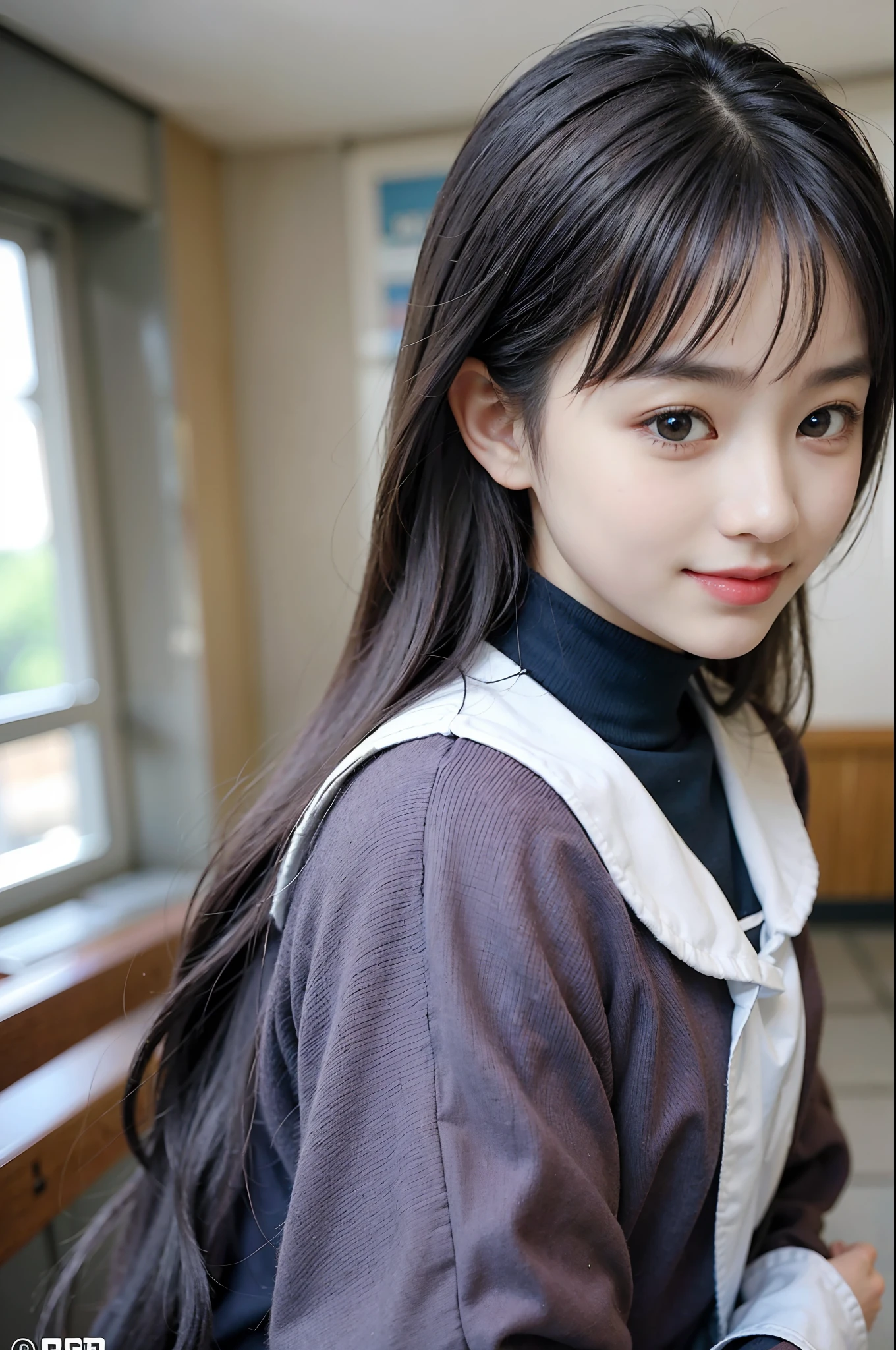 masterpiece, top-quality、Raw foto, Photorealsitic、1womanl、ar old、ior oom、A smile、Twin-tailed、Blue hair、校服、unbelievable Ridiculous、depth of fields, hight resolution, ultra-detailliert, foco nítido, Cinematic lighting