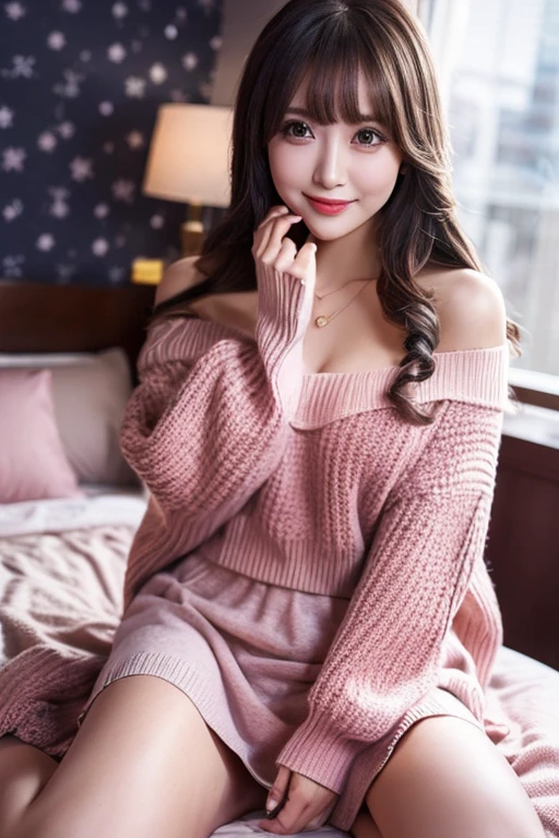 a japanese girl、Sexy body,Small body,Pink,Wearing a overside knitted sweater, Big breasts, Spread your legs wide, posing provocatively, Innocently,Real photos of girls、so short hair、Dark hair、sexual excitement:2.0、Eyes closed、 With a vibrator、Crying with open mouth、red-lips