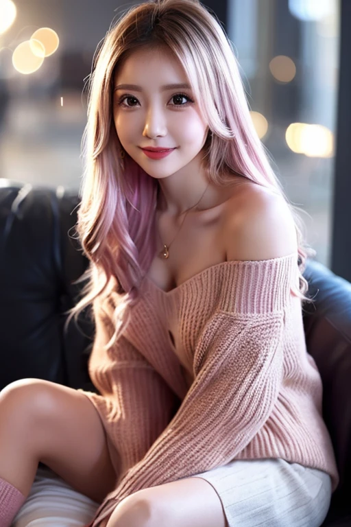 (Woman with long pink hair)、(off-the-shoulder sweater、Oversized sweater)、(Mini skirt)、(cross-legs sitting、Hands lying on thighs)、on the beds、Medium chest、Deep Valley、top-quality、masterpiece、illustratio、extremely delicate and beautiful、highlydetailed skin、nffsw、Unity、8k wallpaper、astonishing、finely detail、Highly detailed ticker Unity 8K wallpapers、huge filesize、hight resolution、 Stunning detailed eyes、Facial light、(The best illustrations:1.1)、(Best Shadows:1.1)、超A high resolution、(Photorealsitic:1.1)、(Photorealistic 1.2:1.1)、Realistic facial proportions、Slimed、A smile、Look at viewers、耳环、a necklace、hair pin、FULL BODYSHOT、(Dark night background: 1.2)、(bokeh dof:1.4)