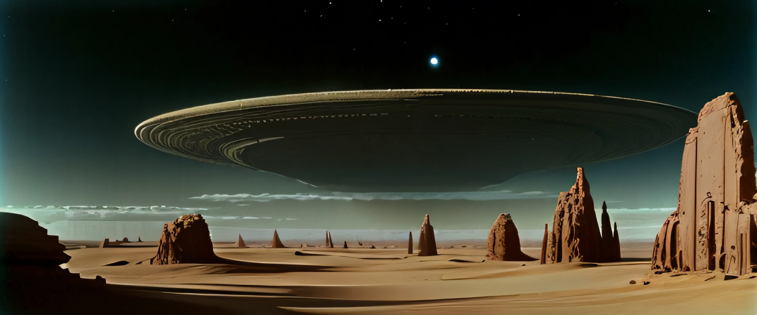 Un primer plano de un desierto con una luna en la distancia, Barsoom, Vereshchagin, Planeta Arrakis, an alien landscape, Filmed Sci-Fi Movie, an alien landscape view, Through an alien landscape, Bonestell, Jodorowky's Dune movie, alien landscape, scifi landscape, an epic scifi movie still, el planeta prohibido