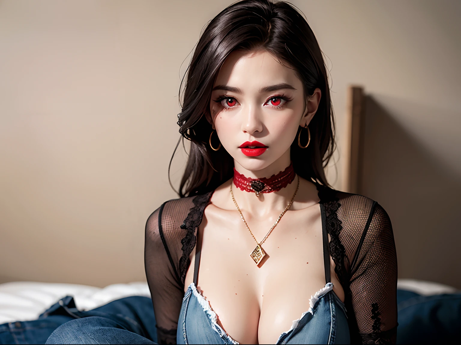 8k, masterpiece, best quality, photorealistic, raw photo, ultra high definition, 1 woman, ((red eyes:1.4)), full body, long messy black hair, pale skin, deep blushing, medium breasts, (ripped up denim dress), black sheer stockings, black lace choker with a diamond pendant, sitting on a bed, sad expression, head angled down, eyes looking at viewer, mouth open slightly, (red lipstick:1.4), medieval castle wall background