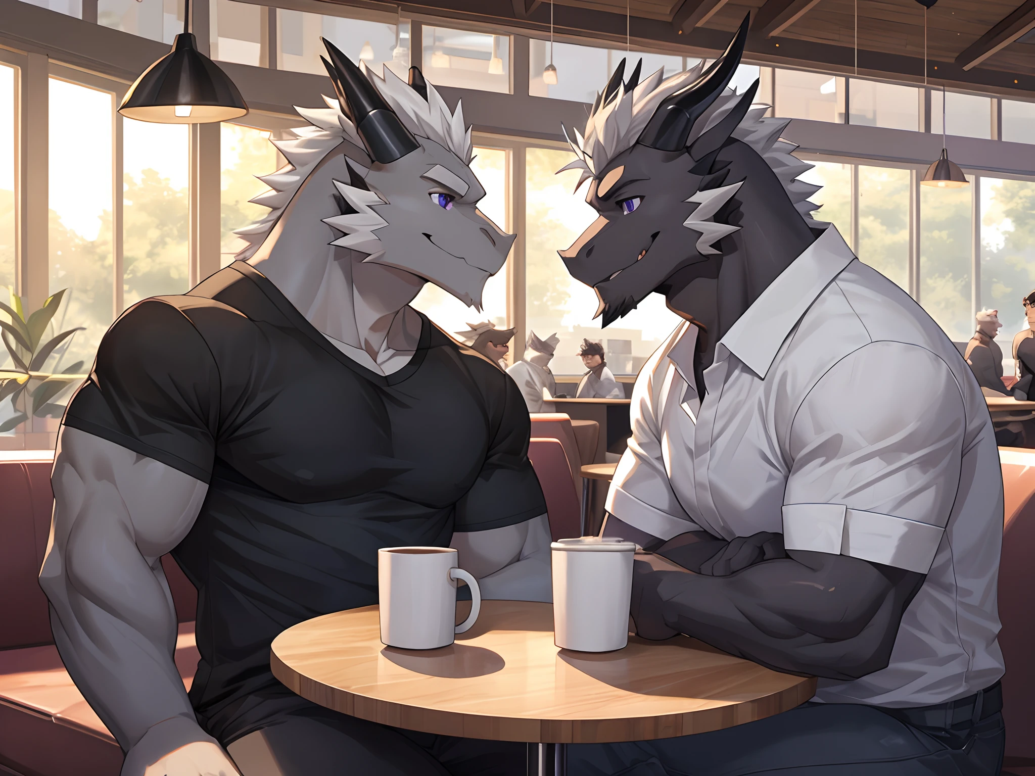 (Best Quality), 1Male, (Furry Gray Dragon), Blue Eyes, White Medium Hair, Casual Set, Black Casual Shirt, Muscular, Good Looking, 1Male, (Furry Black Dragon), Purple Eyes, Gray Medium Hair, Gray Facial Hair, Casual Set, White Casual Shirt, Good Looking, Muscular, ((Gray Dragon Drinking Coffee With Black Dragon)), Sitting in sofa, table, close to each other, Comfortable, Warm Feeling, Joy Expression, Smiling, Morning, Cafe Background.