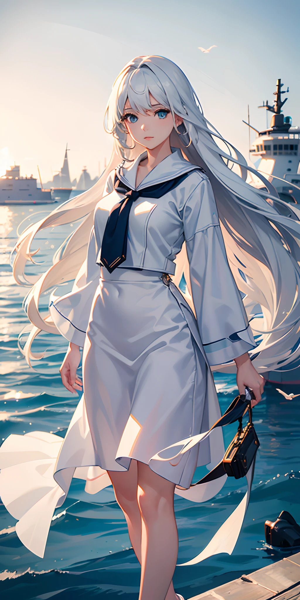 (best quality,4k,highres:1.2),ultra-detailed,realistic,long luscious hair flowing in the wind,flowing white hair,beautiful detailed eyes and lips,aqua eyes,naval Khakis outfit,short black pencil skirt,standing on the pier in the harbour,pier surrounded by water and boats,seagulls flying in the distance,the woman looking confidently into the distance,her hair shimmering in the sunlight,calm and serene atmosphere,vivid colors,soft natural lighting,crisp and sharp focus,subtle bokeh effect.