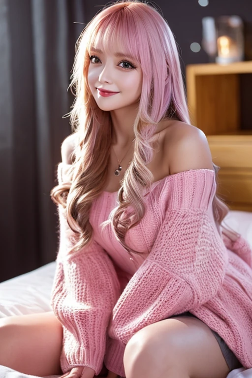 (Woman with long pink hair)、(off-the-shoulder sweater、Oversized sweater)、(Mini skirt)、(cross-legs sitting、Hands lying on thighs)、on the beds、Medium chest、Deep Valley、top-quality、​masterpiece、illustratio、extremely delicate and beautiful、highlydetailed skin、nffsw、Unity、8k wallpaper、astonishing、finely detail、Highly detailed ticker Unity 8K wallpapers、huge filesize、hight resolution、 Stunning detailed eyes、Facial light、(The best illustrations:1.1)、(Best Shadows:1.1)、超A high resolution、(Photorealsitic:1.1)、(Photorealistic 1.2:1.1)、Realistic facial proportions、Slimed、A smile、Look at viewers、耳环、a necklace、hair pin、FULL BODYSHOT、(Dark night background: 1.2)、(bokeh dof:1.4)