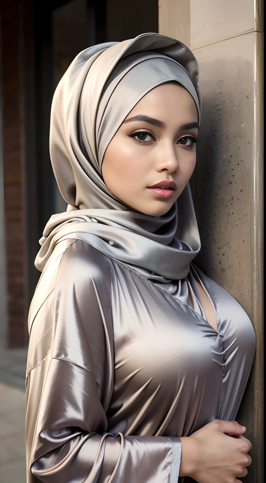 Best quality, high resolution, masterpiece: 1.3), a beautiful malay woman in hijab, wearing (Gray satin hijab), loosely tide hijab style, ((Taupe satin kaftan)) big breasts, slim figure, , beautifully presented details in the street and facial and skin texture, detailed eyes, double eyelids, big eyes