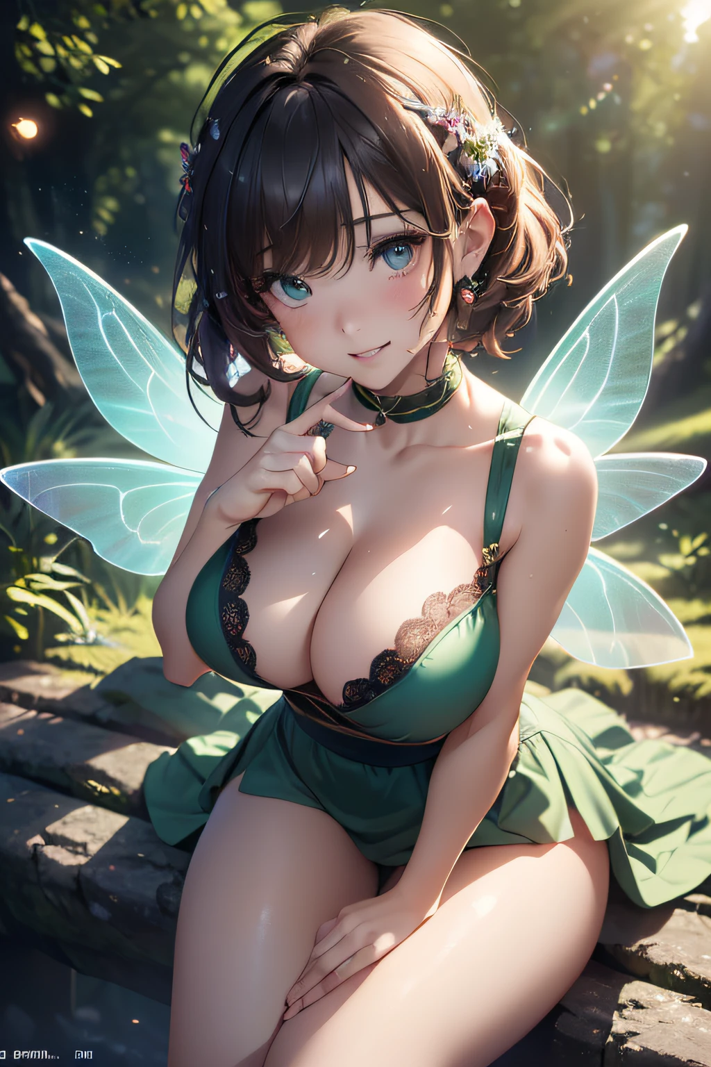 forest fae,a pixie cut,(((fairy wings:1.3))),(((The light of the orb envelops the fairy:1.3))),Deep in the forest,Sunlight,(((an animated character:1.3))),Anime-like fantasy world,(((Girl sitting:1.3))),(((reaching out her hand:1.3)),,Floral hair ornament,,Disturbance of clothing due to movement, slip,(((emphasizing breast),(((Enhance your driving motion with motion blur effects:1.3))),(Dynamic angles),(Dynamic and sexy poses),(ding forward:1.3),Colossal tits,Blush with rrassment,Enraptured eyes,A smile that beguiles the viewer,Dreamy,Professional Lighting,realistic shadow,Solo Focus,Beautiful hands,(((Accurate five-finger:1.3))),(((Detailed finger features:1.3))),detailed clothes features,Detailed hair features,(masutepiece,top-quality,Ultra-high resolution output image,) ,(The 8k quality,),(Image Mode Ultra HD,)