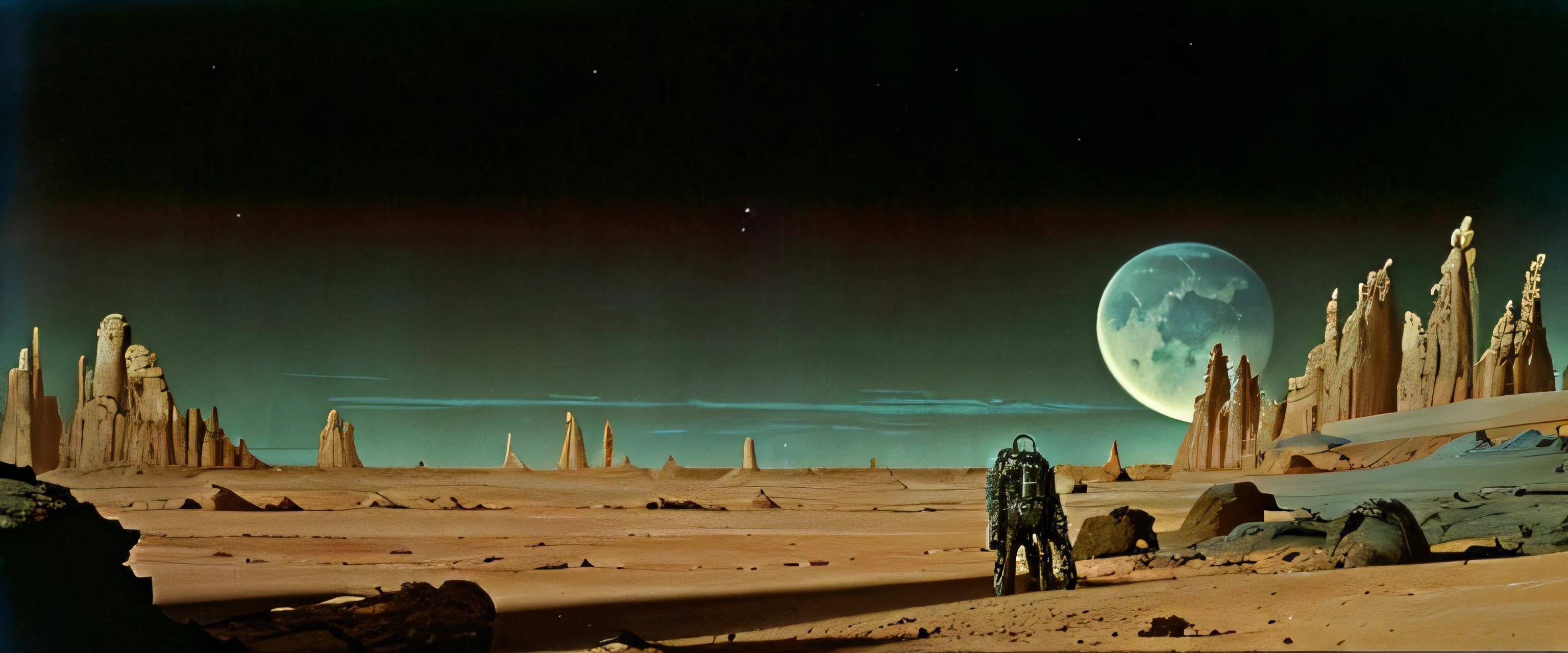 Un primer plano de un desierto con una luna en la distancia, Barsoom, Vereshchagin, Planeta Arrakis, an alien landscape, Filmed Sci-Fi Movie, an alien landscape view, Through an alien landscape, Bonestell, Jodorowky's Dune movie, alien landscape, scifi landscape, an epic scifi movie still