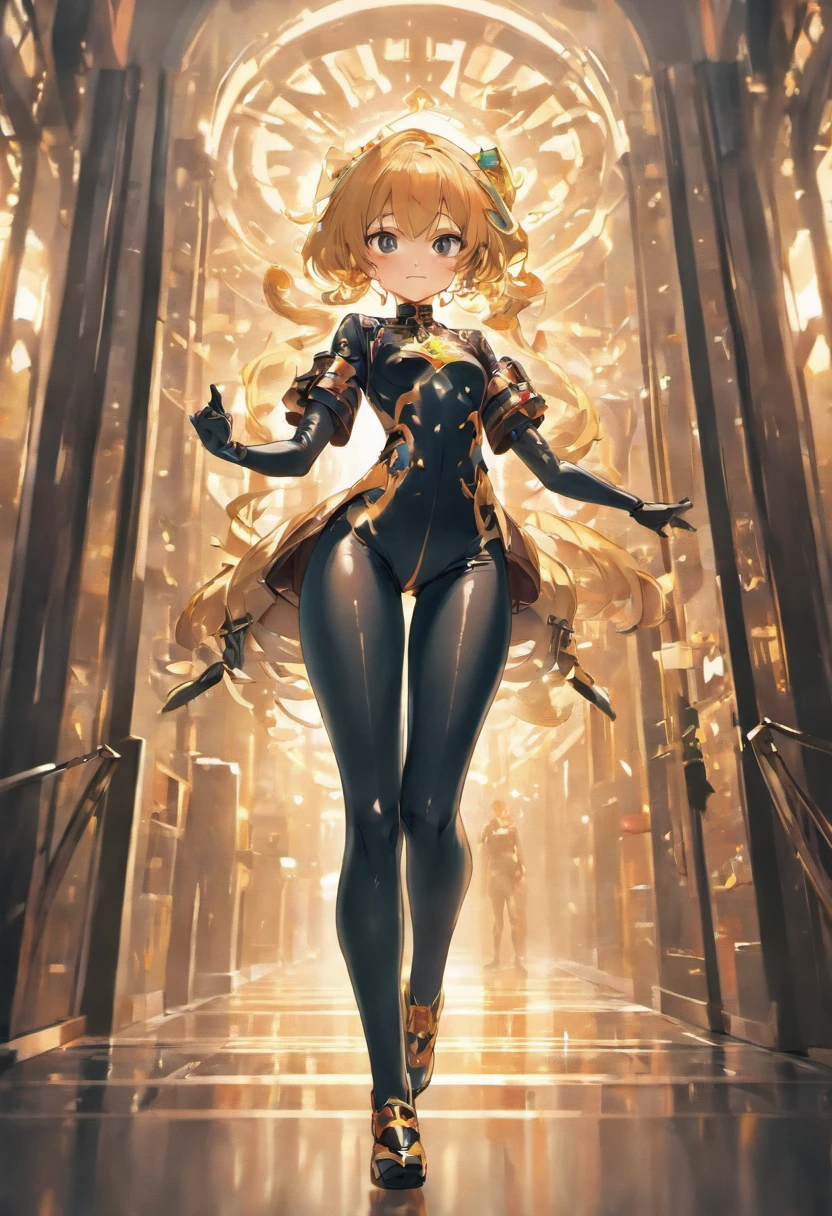 (((Best Quality))), (((Master Parts))), soio, super thin photo, full body picture Unreal Engine 5 8K UHD, Beautiful Girl, 详细的脸, Wearing a tight latex catsuit with golden lace, latex collar, Latex Gloves, Long latex socks with strap, arm and leg cuffs, 统一 8k 壁纸, Hyper-detailing, foco nítido, Walking through the city of the future.
