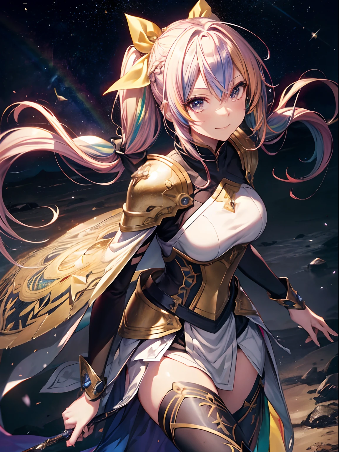 swordsmen、knight armor、(masutepiece:1.3), (8K, Photorealistic, Raw photo, Best Quality: 1.4), Beautiful face, (Realistic face), Beautiful detailed eyes, (Realistic skin), Attractive, Intricate details,Golden ratio, 1 girl,Naughty smile, (rainbow hair:1.4),((Long twintails,Ribbon 1.4)),mid-riff peak,Dynamic Angle,Intricate details, Hyper realistic,Cute armor clothes、The world of the near future、Futuristic space、Cosmic explosion、Iridescent light、Glitter