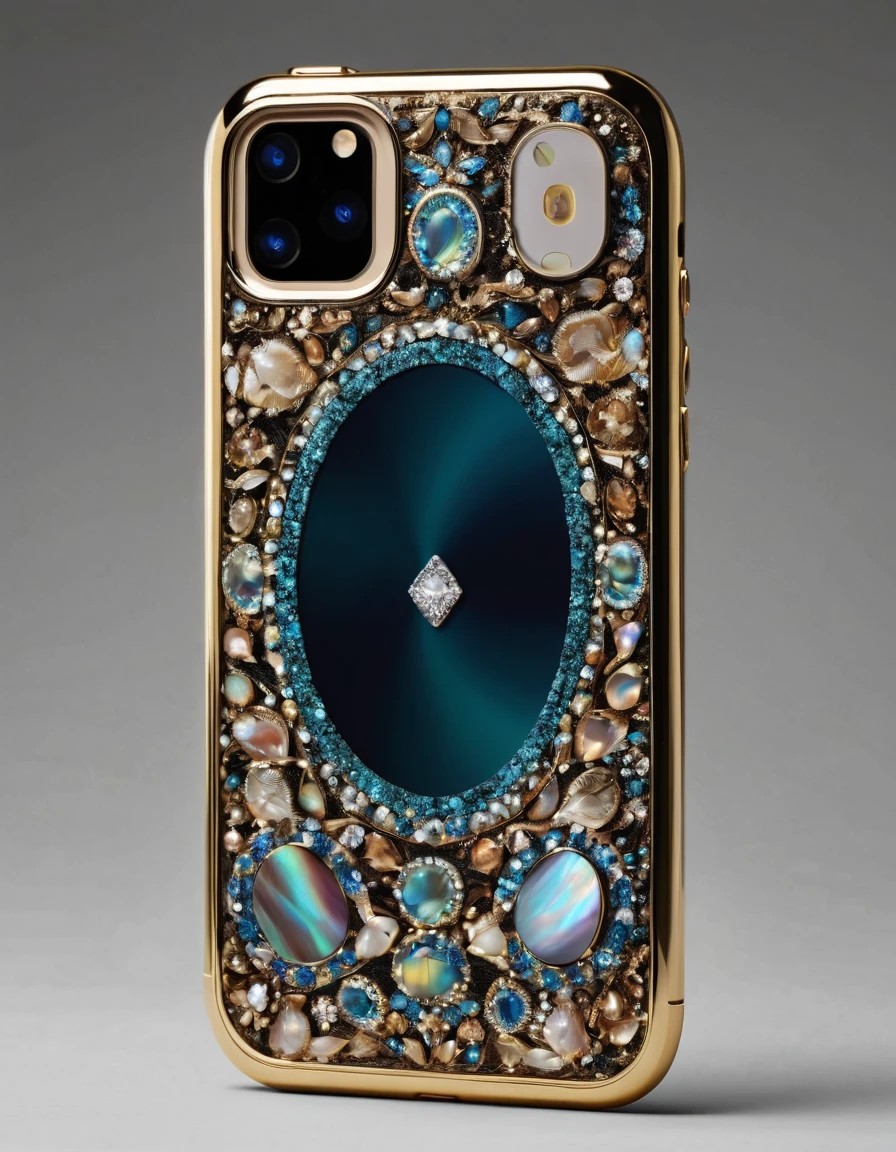 is a seamless, edge-to-edge sapphire crystal display, renowned for its clarity and scratch-resistant properties, ensuring a vivid and immersive viewing experience.
Around the edges, the phone features a delicate inlay of 24-karat gold filigree work, creating a sophisticated, lace-like pattern that exudes luxury. The back panel is a masterpiece of craftsmanship, adorned with a mosaic of mother-of-pearl and abalone shell, giving off an iridescent sheen that changes with the light. Encrusted in the center of the back panel is a flawless diamond, serving as the focal point and a physical representation of its exclusivity.
The phone's buttons are precision-cut gems, providing a tactile experience unlike any other. The device's hardware is top-of-the-line, with a powerful processor and advanced features like biometric security through fingerprint and facial recognition, all housed within its dazzling exterior.
For the finishing touch, the smartphone comes with a custom-made, luxurious leather case, stitched with gold thread and embellished with semi-precious stones to protect and complement its grandeur.
This design combines timeless elegance with cutting-edge technology, creating not just a smartphone, but a statement piece of unparalleled luxury.
