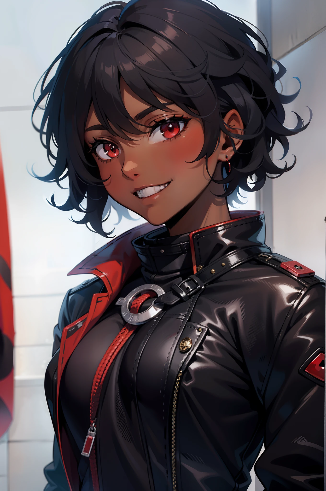 black skin, female,  short curly dark black hair, red eyes, vampire, black coat, smile