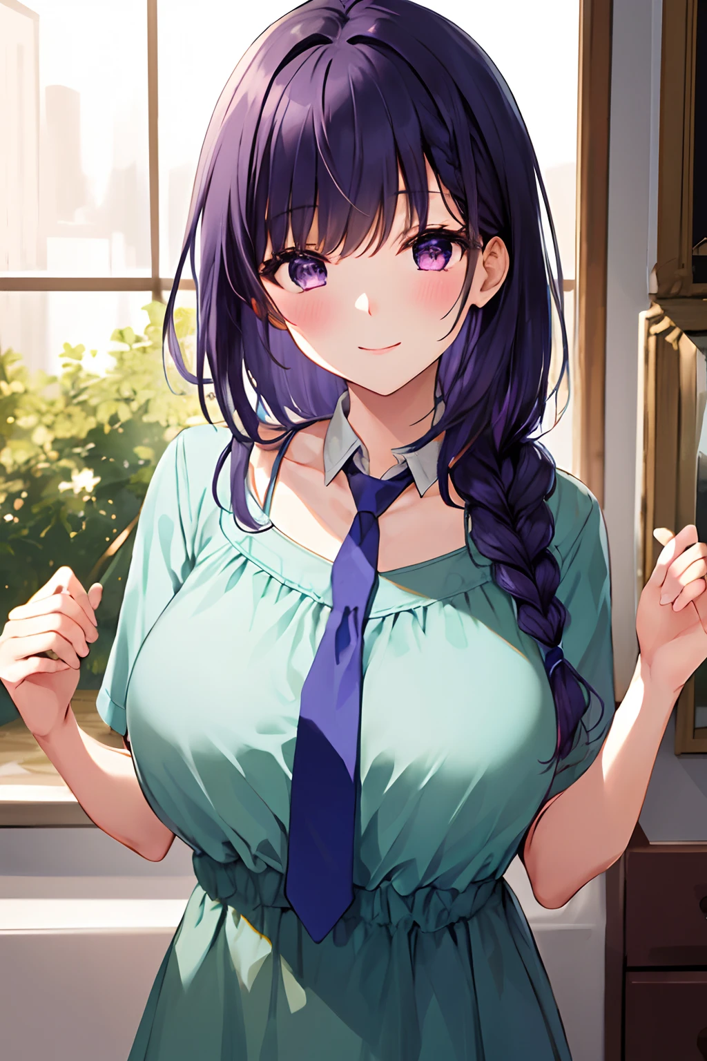 masterpiece, high quality, 8k, beautiful lighting, 1girl, solo, Kurokawa Akane (Oshi no Ko), LoRA, blue necktie, long olive green dress, mid-back length, dark-purple hair, that has chin-length bangs hanging on either side, light purple eyes, beauty mark under right eye, mommy, Braid hair below right shoulder, 32 years old, upper body, portrait, looking at viewer, in a luxurious living room, breast size I cup, smile