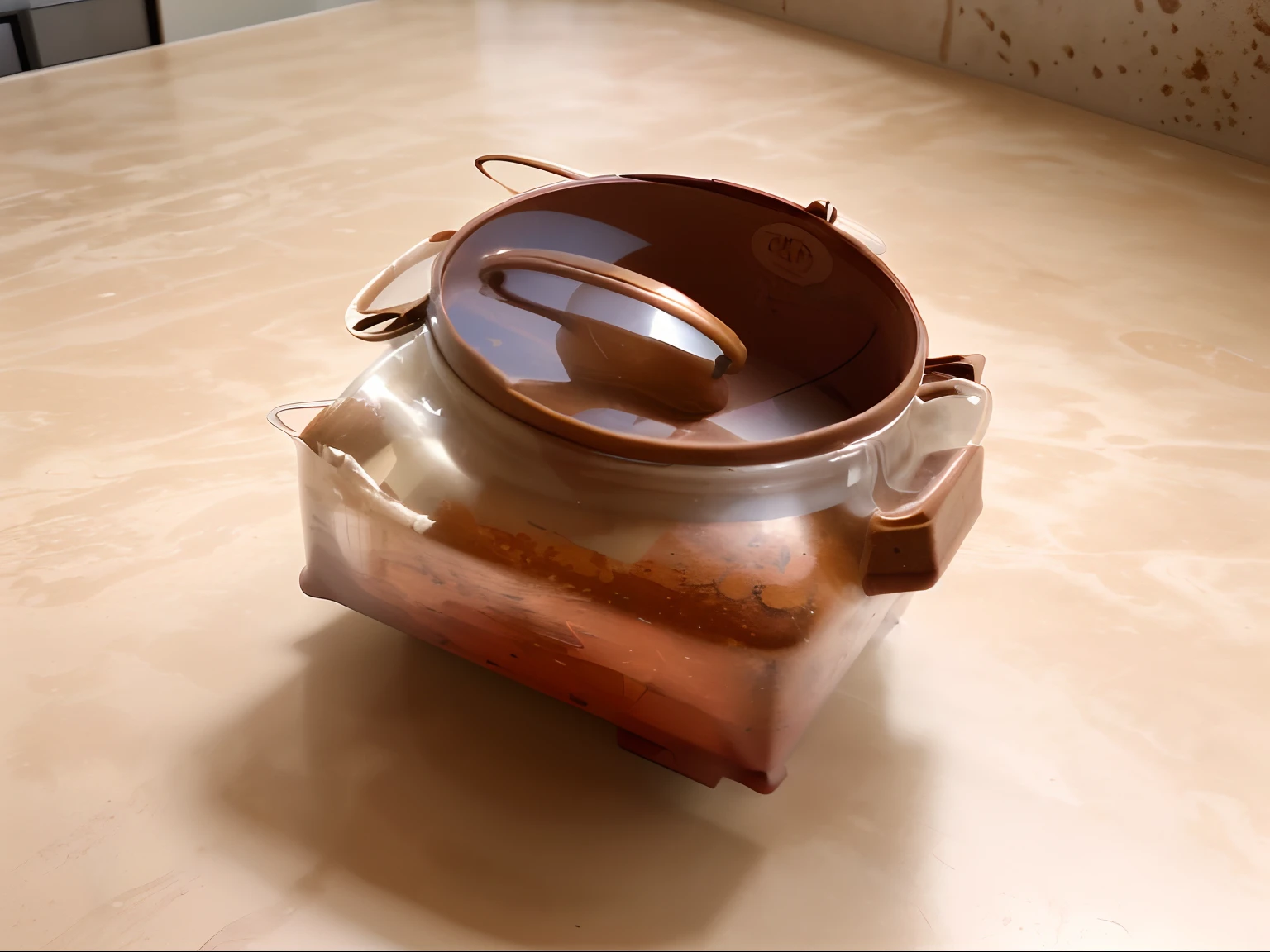 This picture was taken in the kitchen，Glass lid，Plastic pot body，Rammed earth base，in short，The material should be consistent with the image provided，The background of the kitchen should be in an ink style with dragon background elements，Don't let background elements affect the image itself