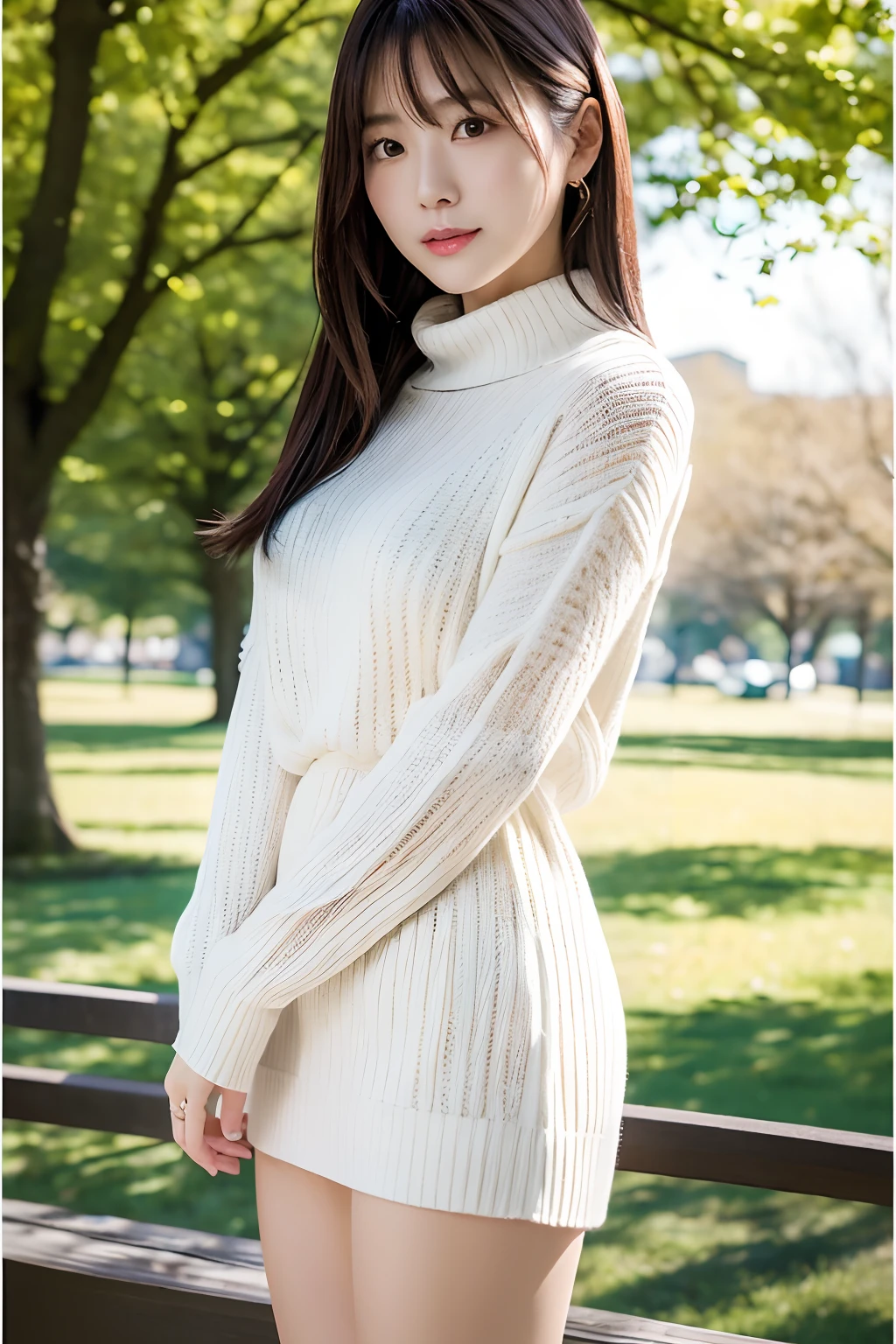 (top-quality、8K、32K、masterpiece)Beautiful woman、A Japanese Lady、Cute、White knitwear、a miniskirt、full bodyesbian、Portrait、a park